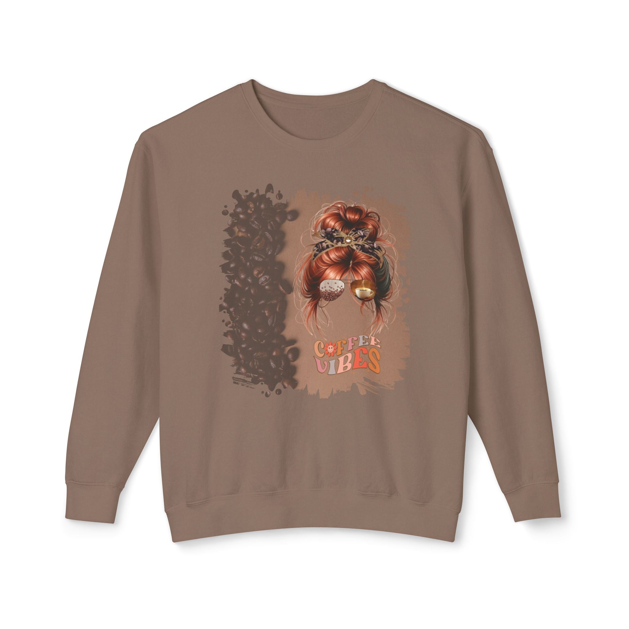 Coffee Vibes, Coffee Beans Shade, Red Hair Messy Bun, Unisex Lightweight Crewneck Sweatshirt