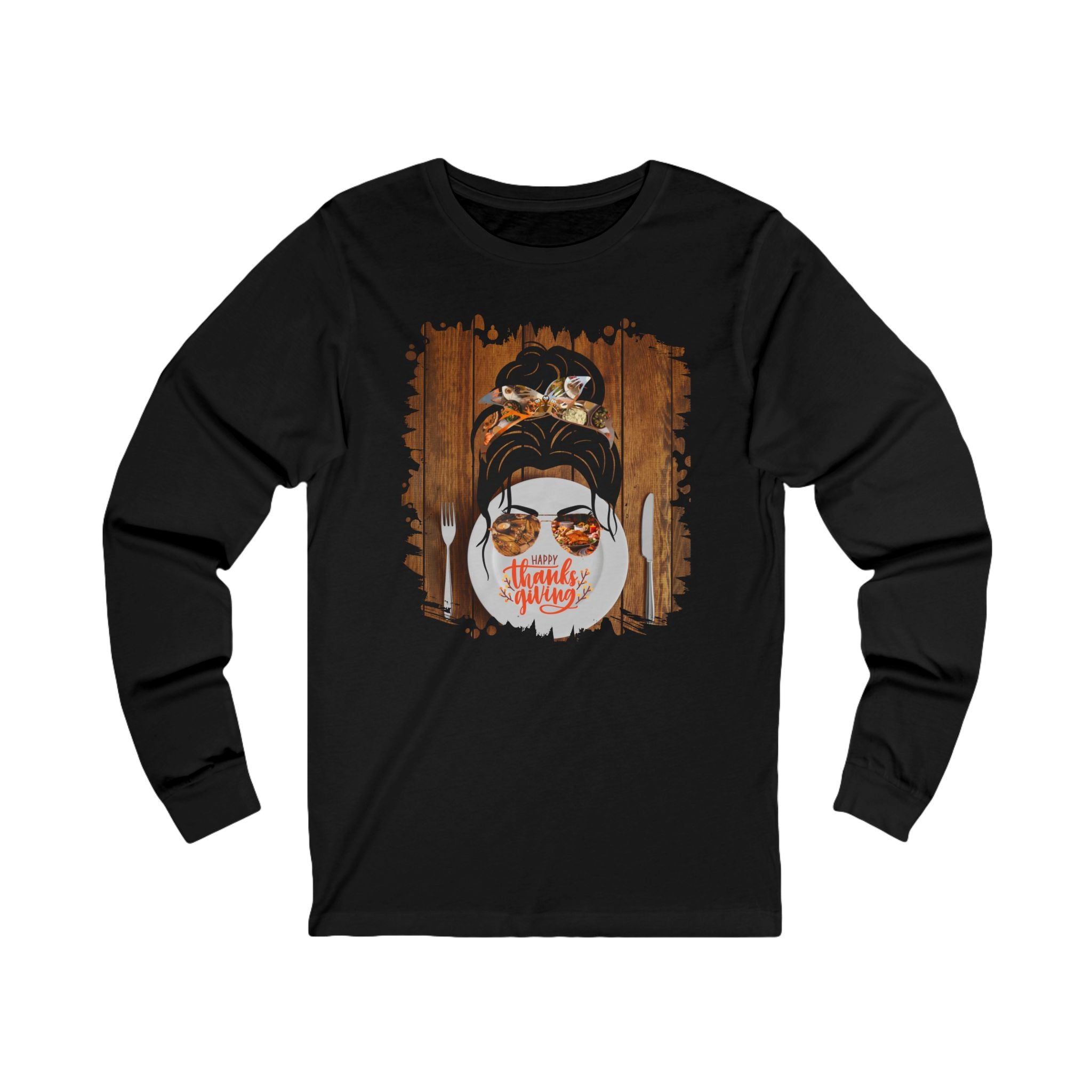 Happy Thanksgiving Plate Setting, Dark Hair Messy Bun, Unisex Jersey Long Sleeve Tee