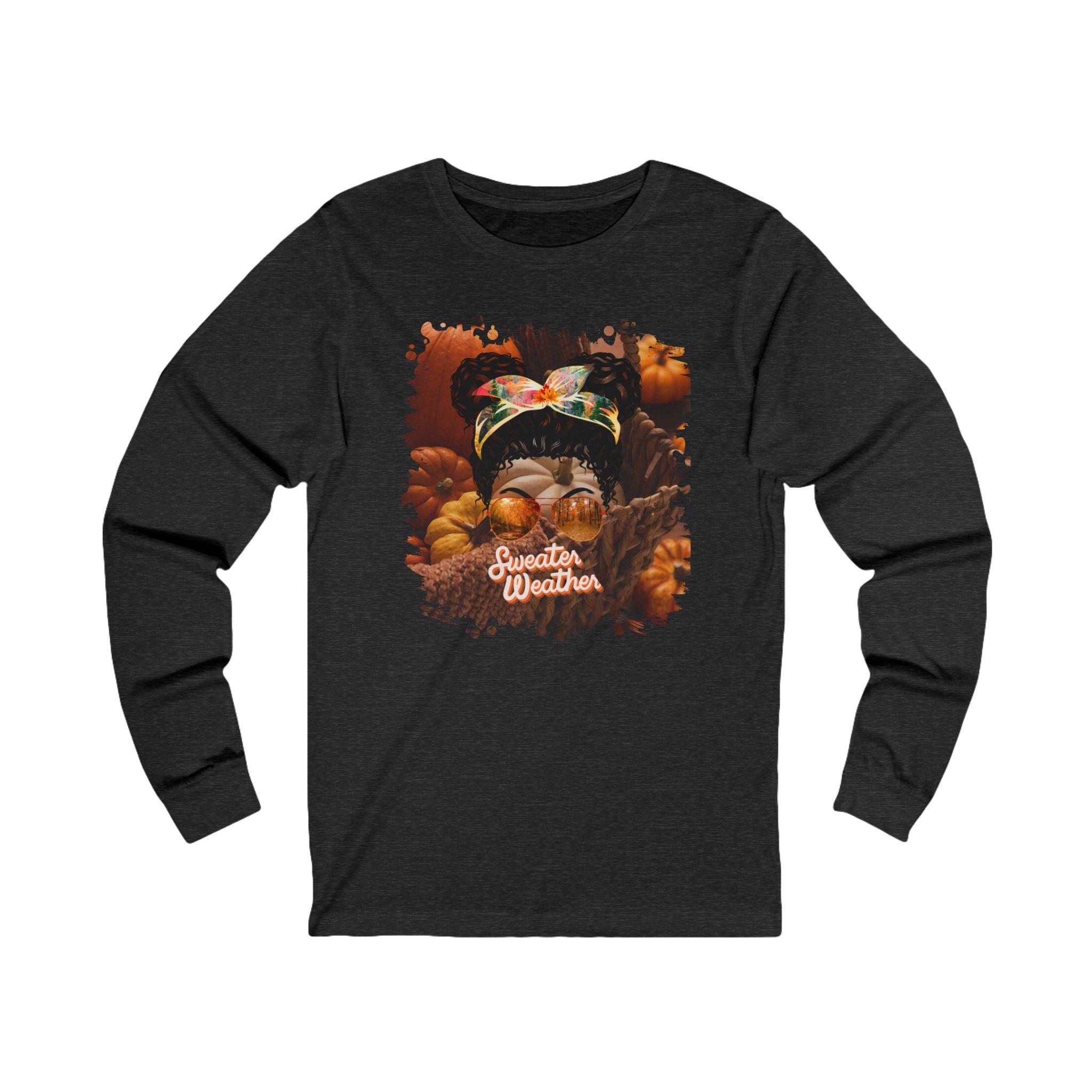 Sweater Weather Fall Pumpkins, Black Hair Messy Bun, Unisex Jersey Long Sleeve Tee