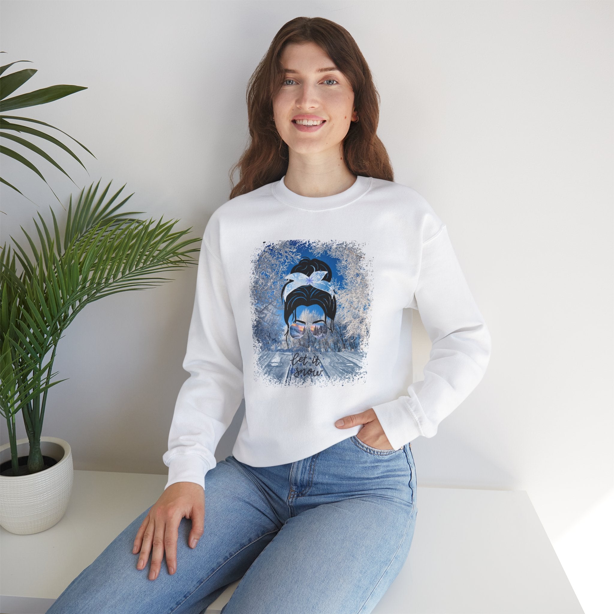 Let it Snow Winter Porch, Dark Hair Messy Bun, Unisex Heavy Blend™ Crewneck Sweatshirt