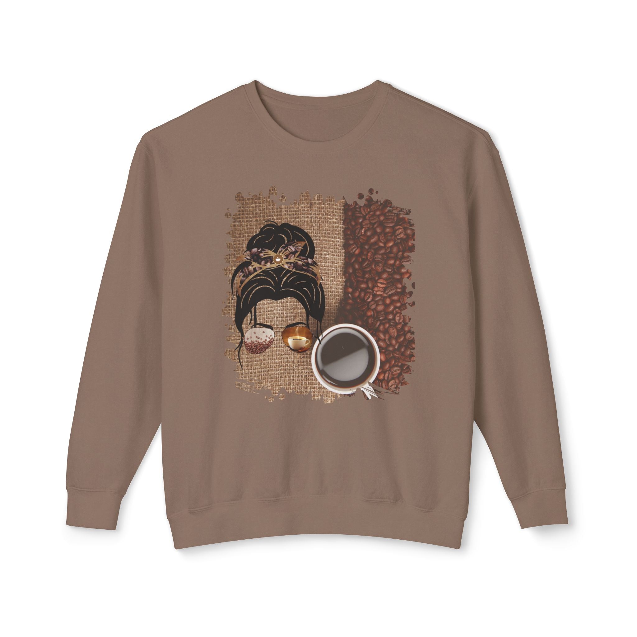 Coffee Beans Bag, Dark Hair Messy Bun, Unisex Lightweight Crewneck Sweatshirt