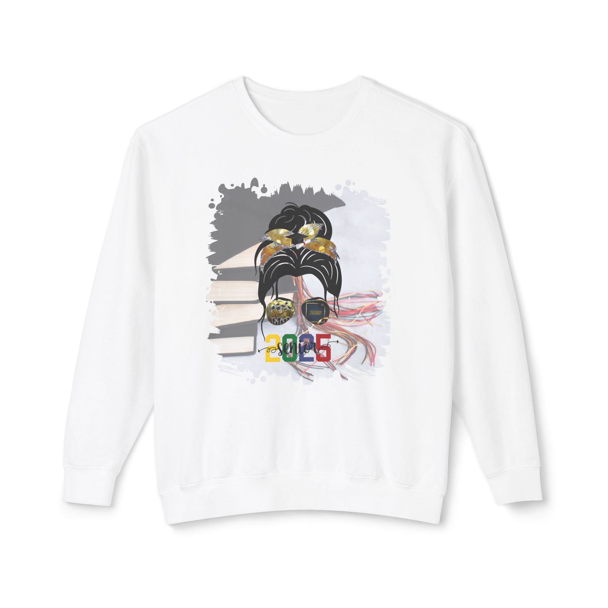 Senior 2025 Colorful, Cap & Books, Dark Hair Messy Bun, Unisex Lightweight Crewneck Sweatshirt