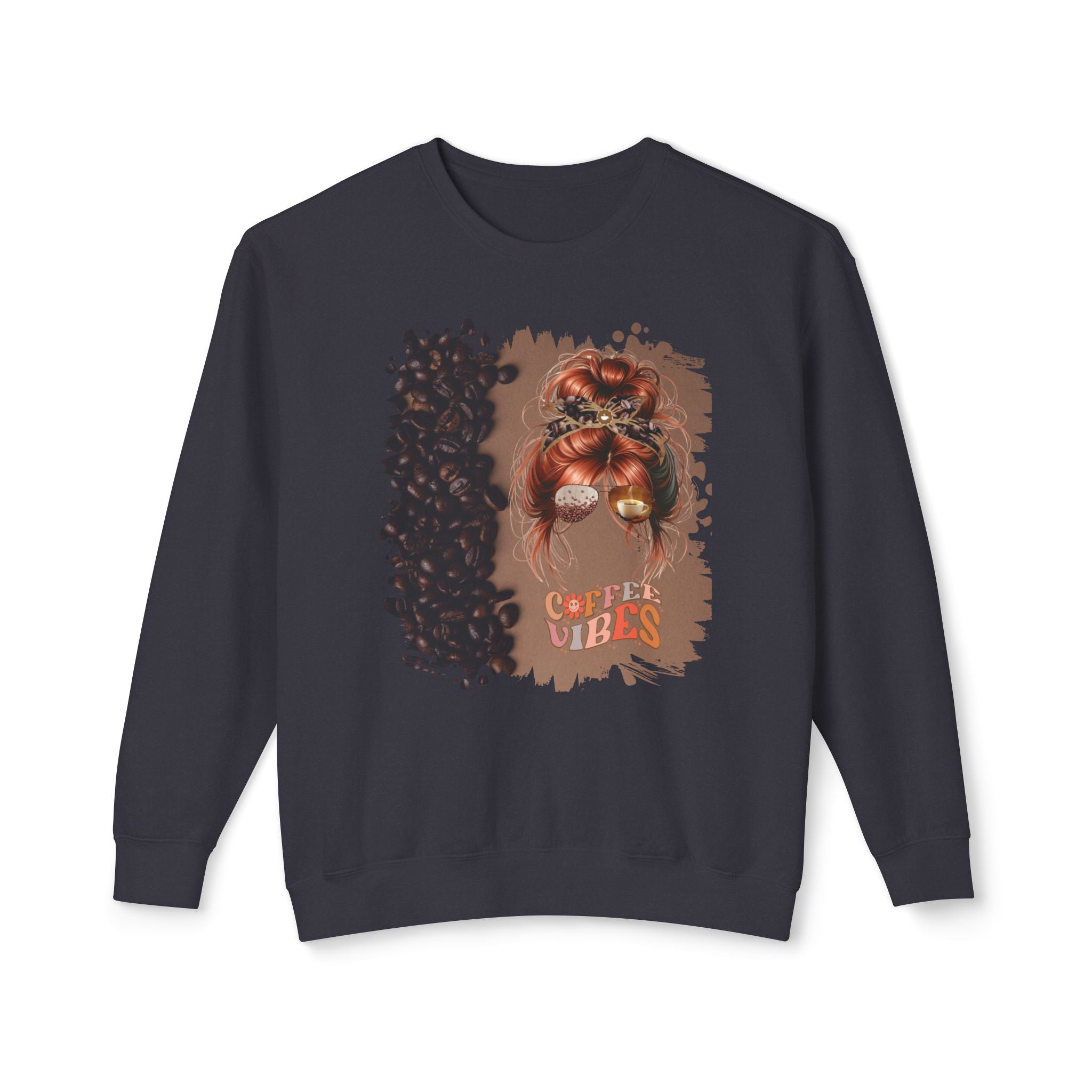 Coffee Vibes, Coffee Beans Shade, Red Hair Messy Bun, Unisex Lightweight Crewneck Sweatshirt