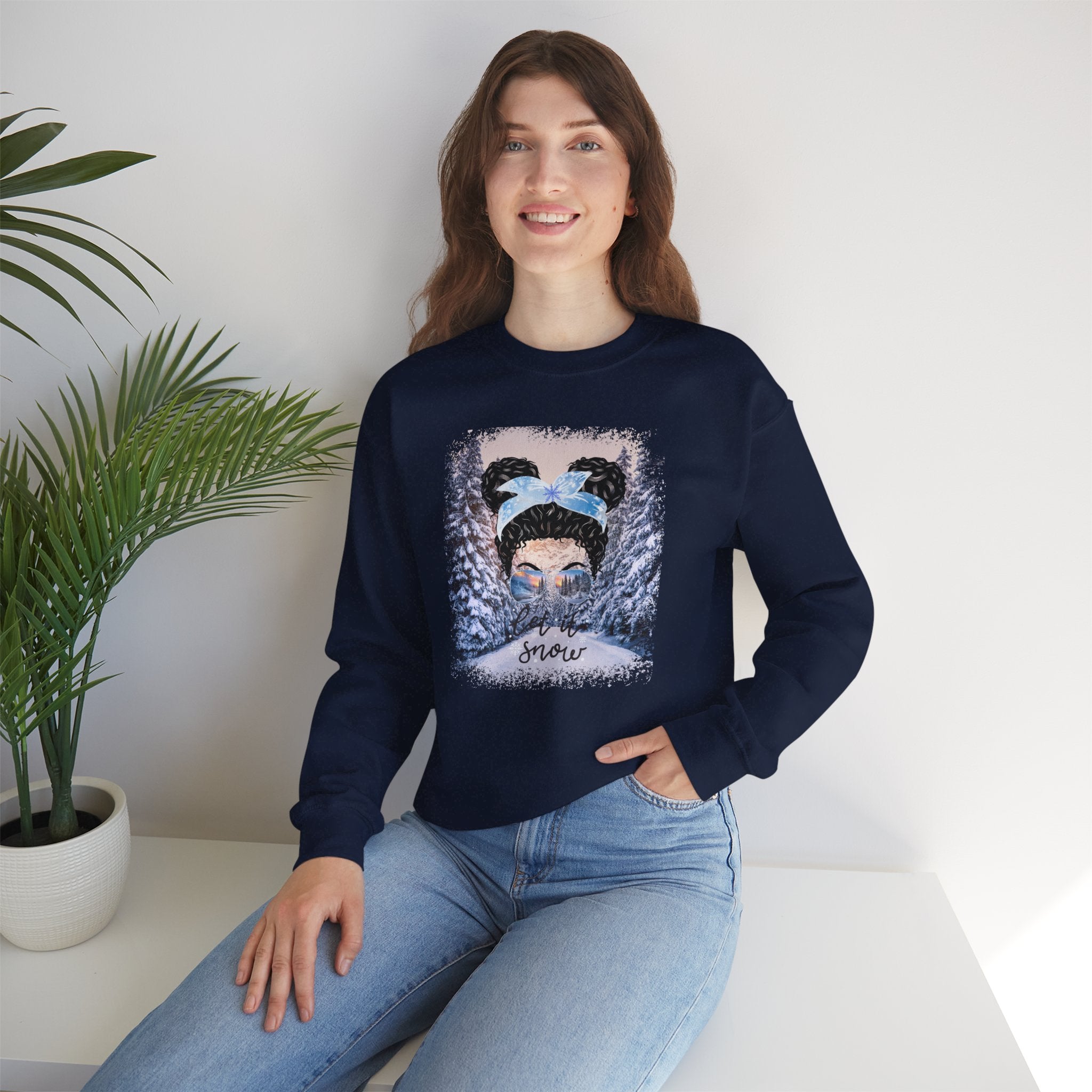 Let it Snow Winter Trail, Black Hair Messy Bun, Unisex Heavy Blend™ Crewneck Sweatshirt