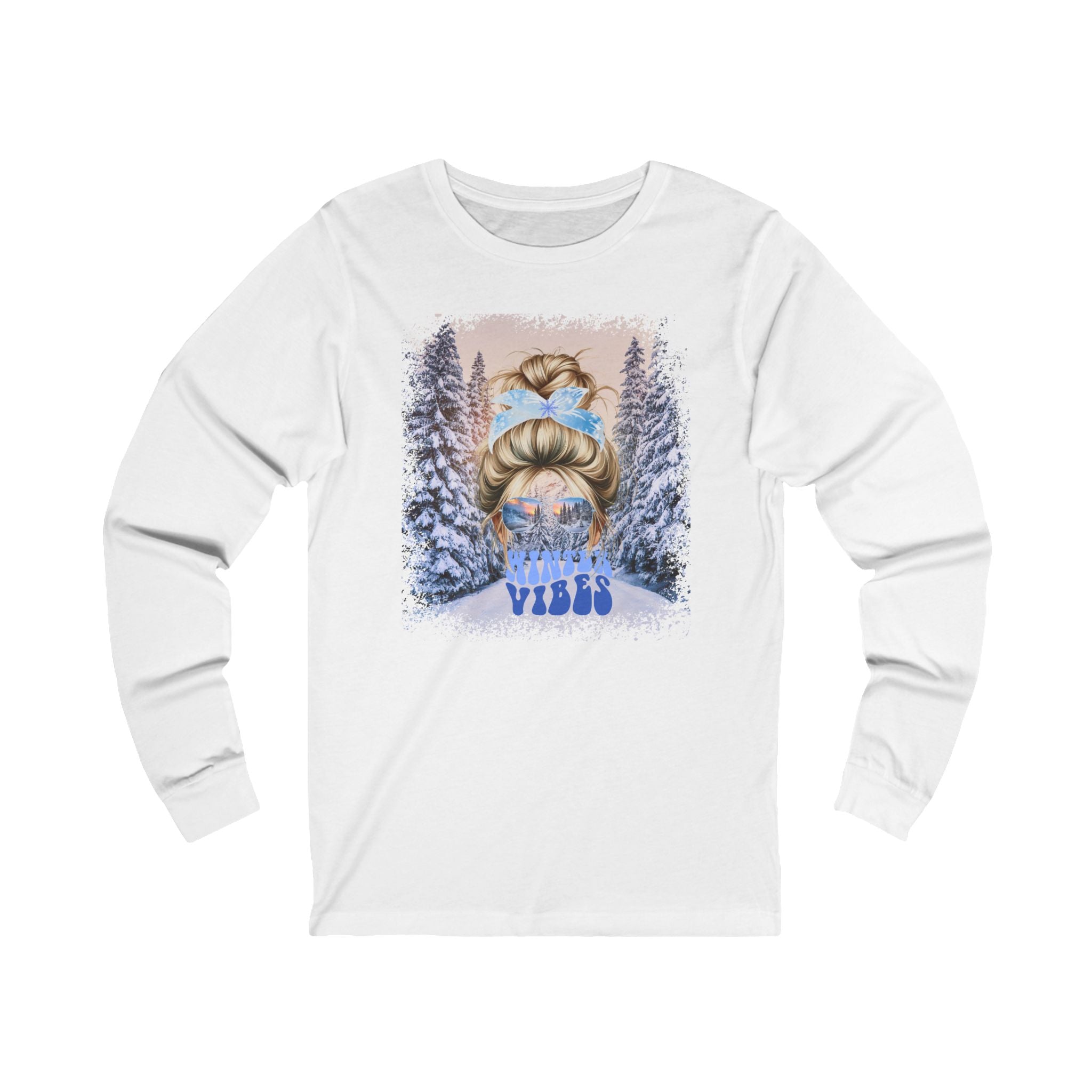 Winter Vibes Winter Trail, Blond Hair Messy Bun, Unisex Jersey Long Sleeve Tee