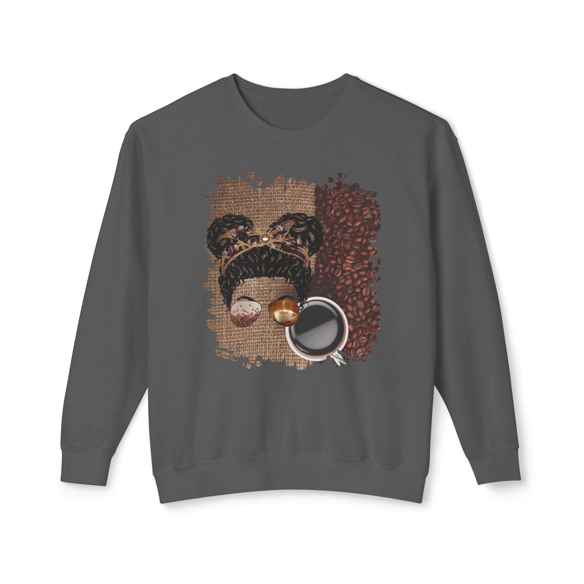Coffee Beans Bag, Black Hair Messy Bun, Unisex Lightweight Crewneck Sweatshirt
