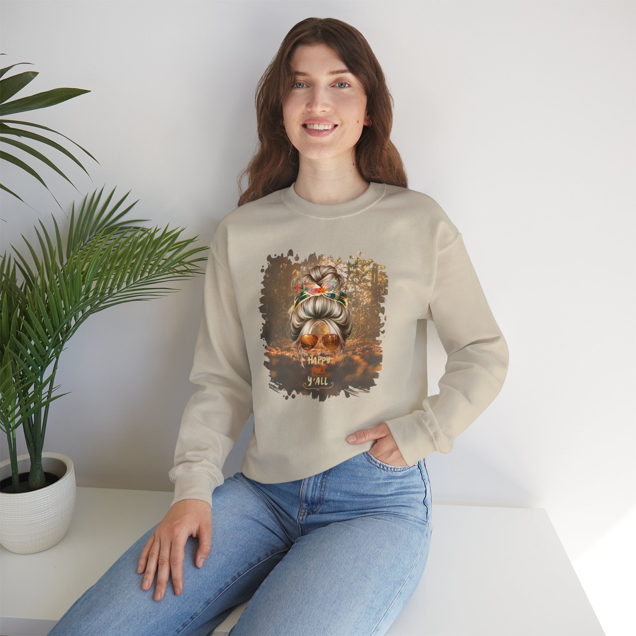 Happy Fall Y'all Fall Forest, Blond Hair Messy Bun, Unisex Heavy Blend™ Crewneck Sweatshirt