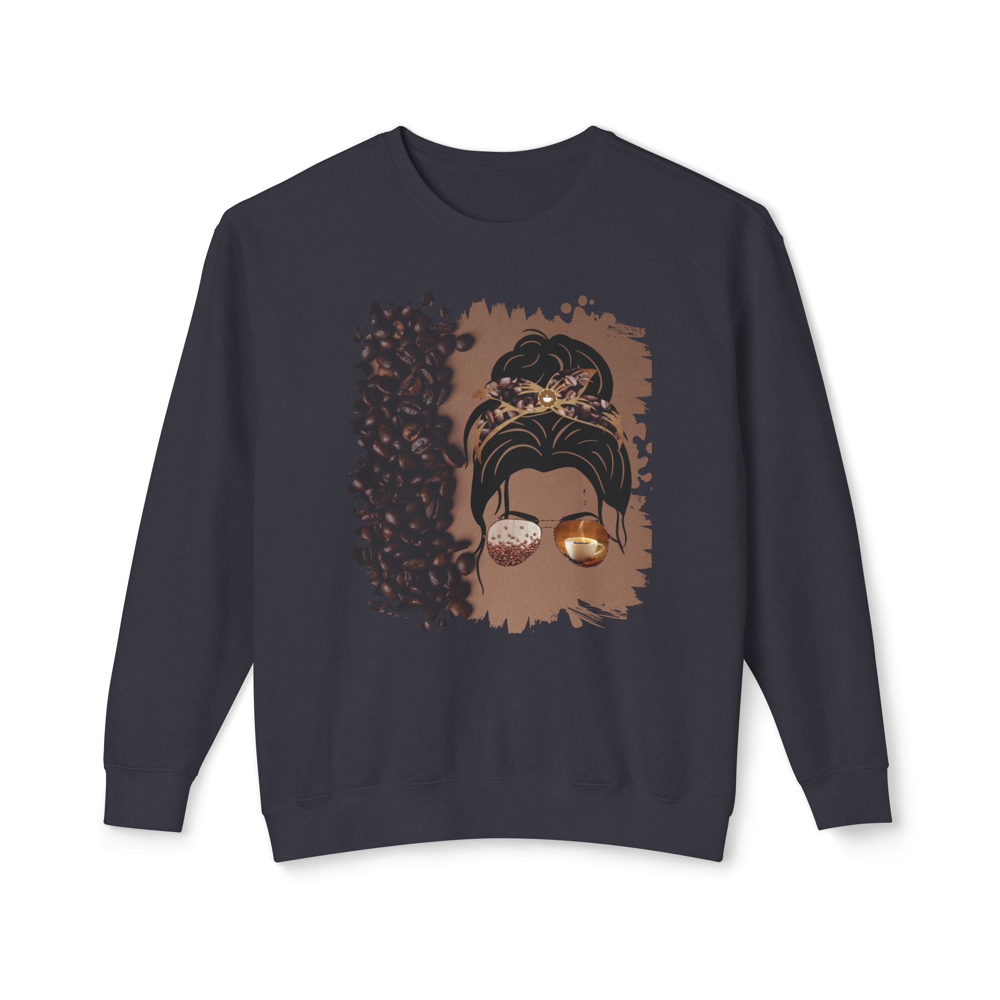 Coffee Beans Shade, Dark Hair Messy Bun, Unisex Lightweight Crewneck Sweatshirt