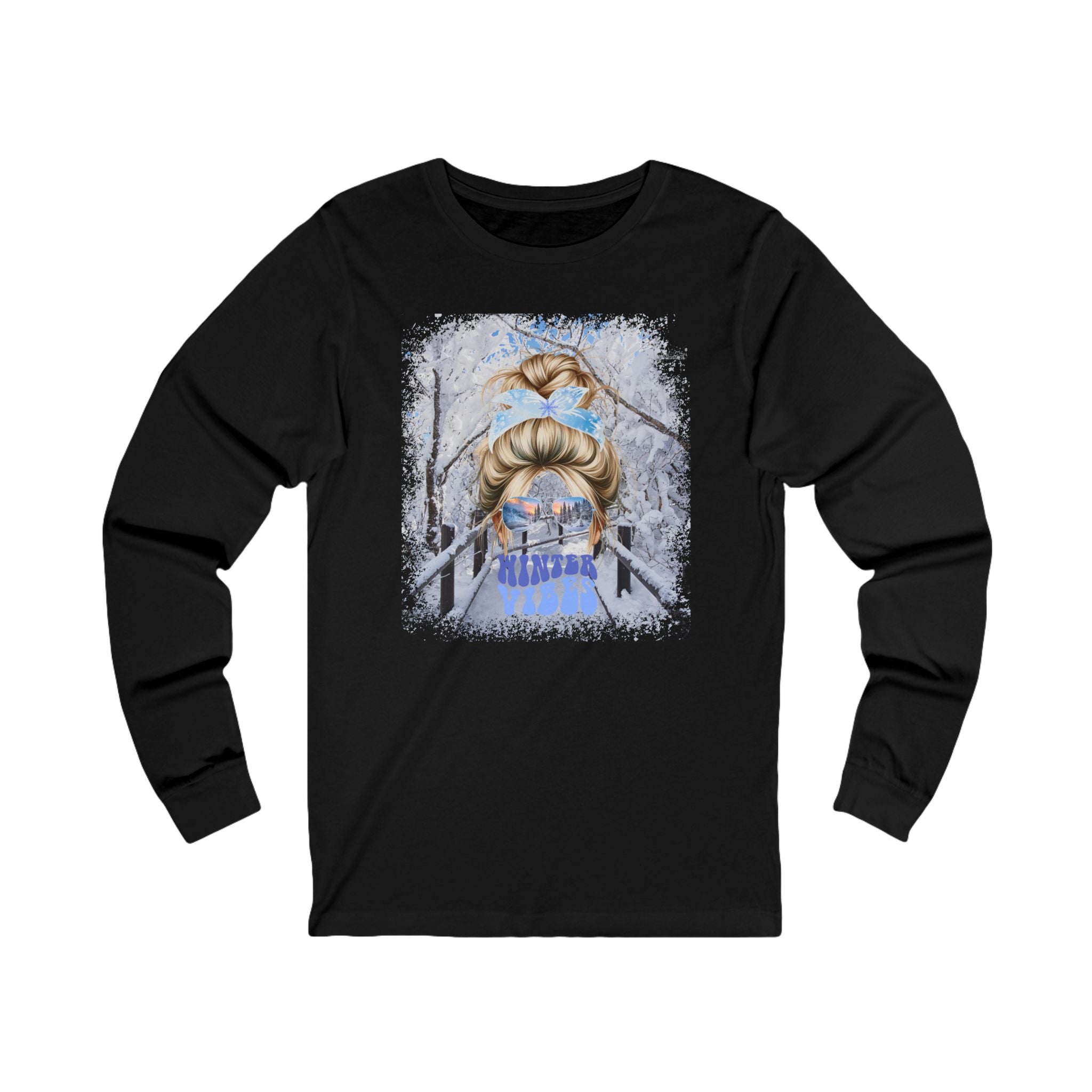 Winter Vibes Winter Hike, Blond Hair Messy Bun, Unisex Jersey Long Sleeve Tee