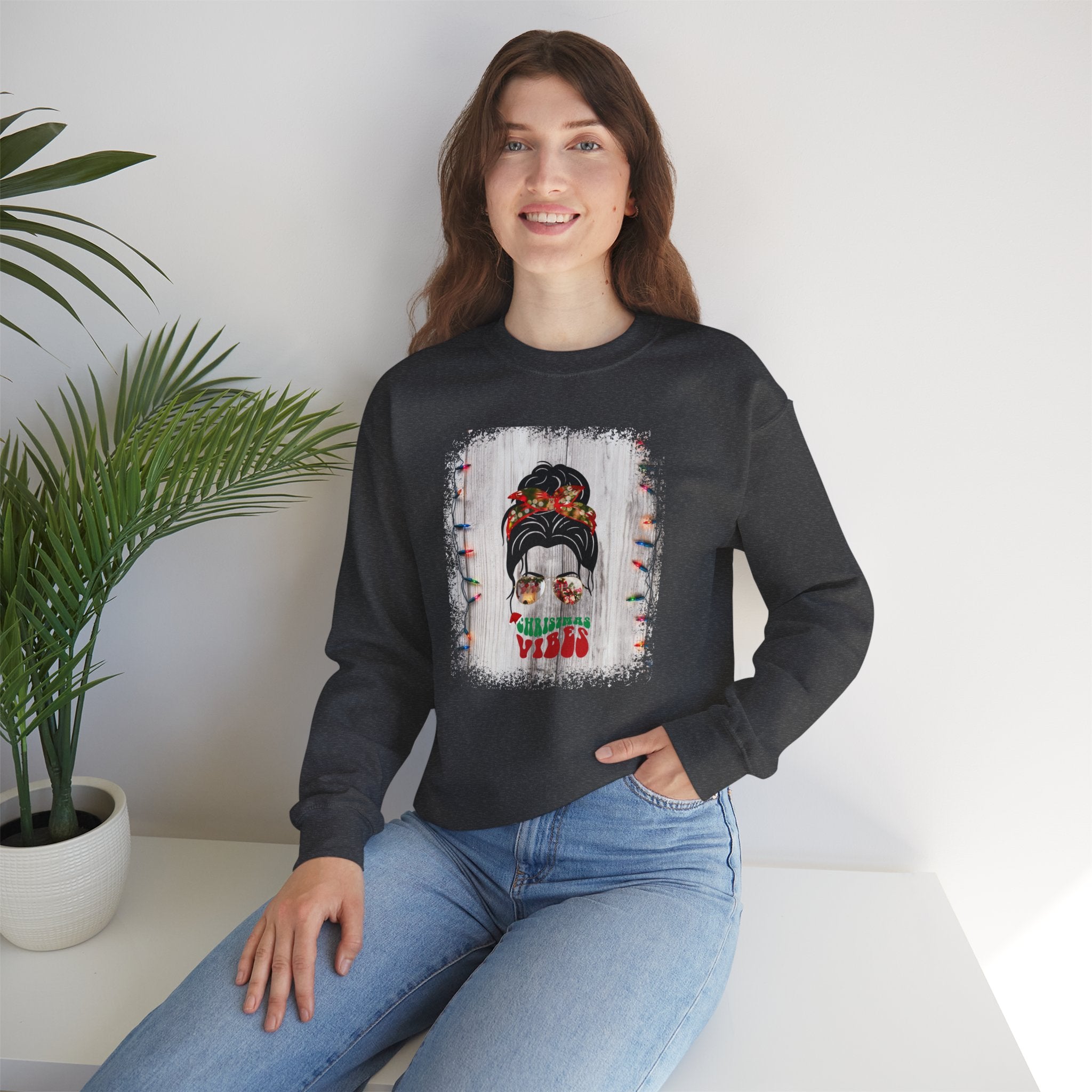 Christmas Vibes Christmas String Lights, Dark Hair Messy Bun, Unisex Heavy Blend™ Crewneck Sweatshirt