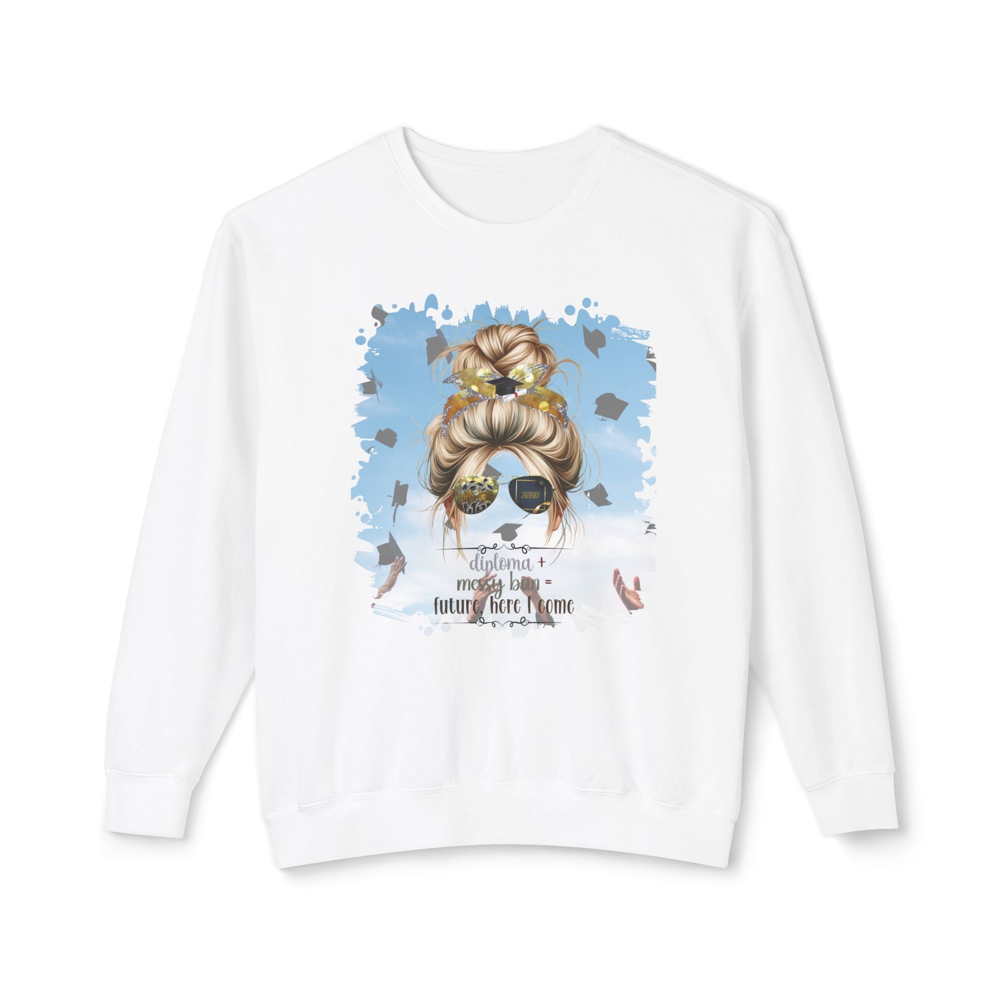 Diploma + Messy Bun, Celebration, Blond Hair Messy Bun, Unisex Lightweight Crewneck Sweatshirt