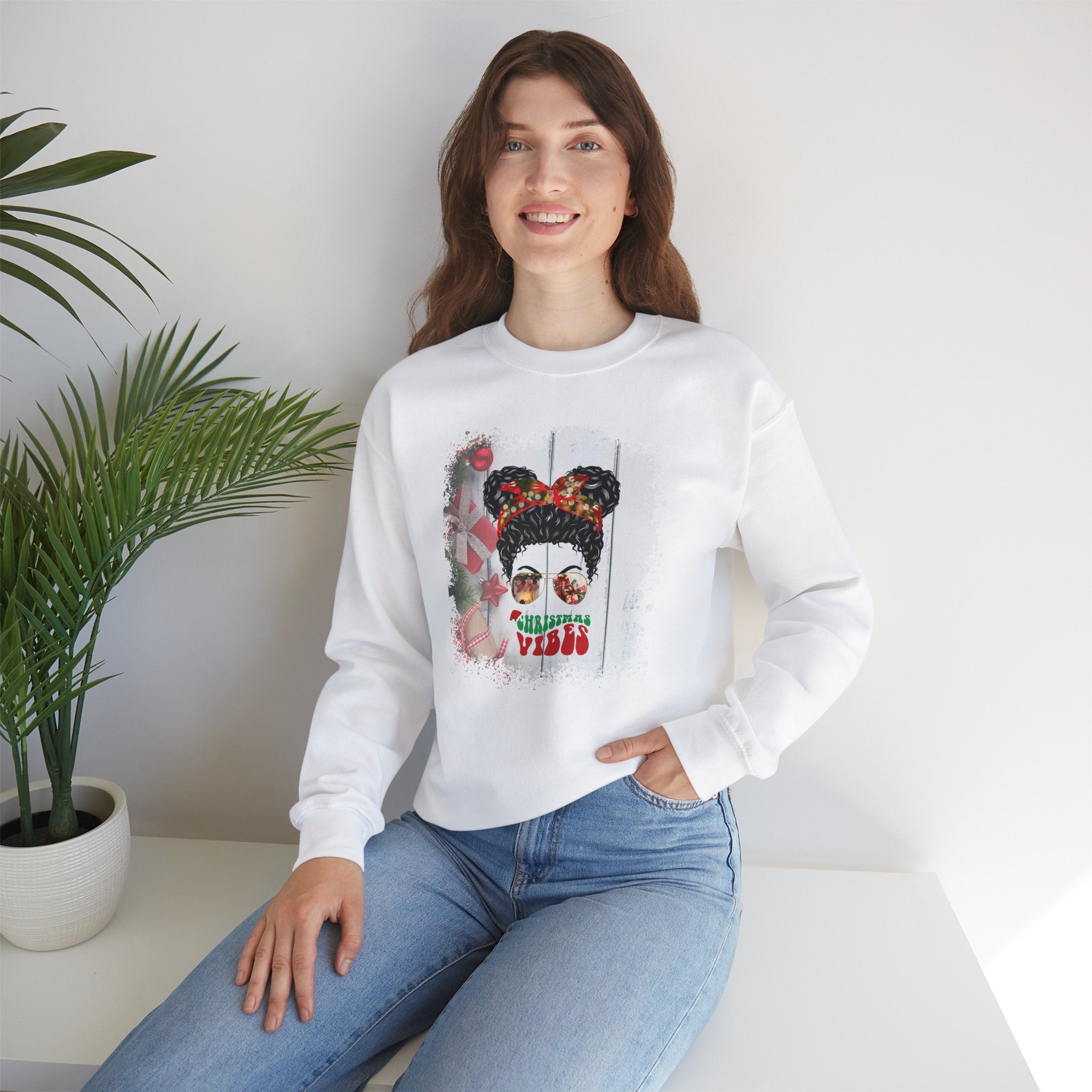 Christmas Vibes Christmas Presents, Black Hair Messy Bun, Unisex Heavy Blend™ Crewneck Sweatshirt