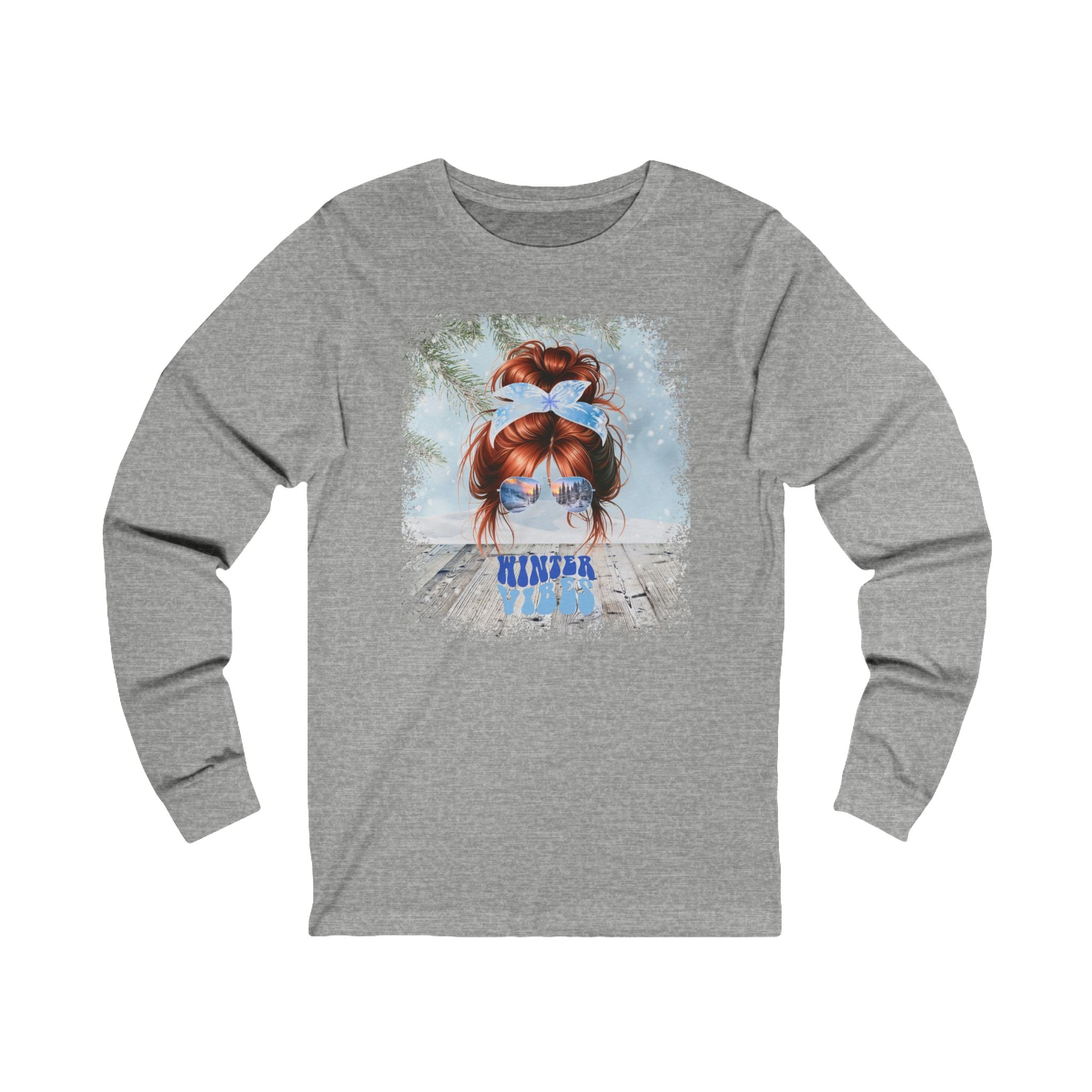 Winter Vibes Winter Snowy Porch, Red Hair Messy Bun, Unisex Jersey Long Sleeve Tee