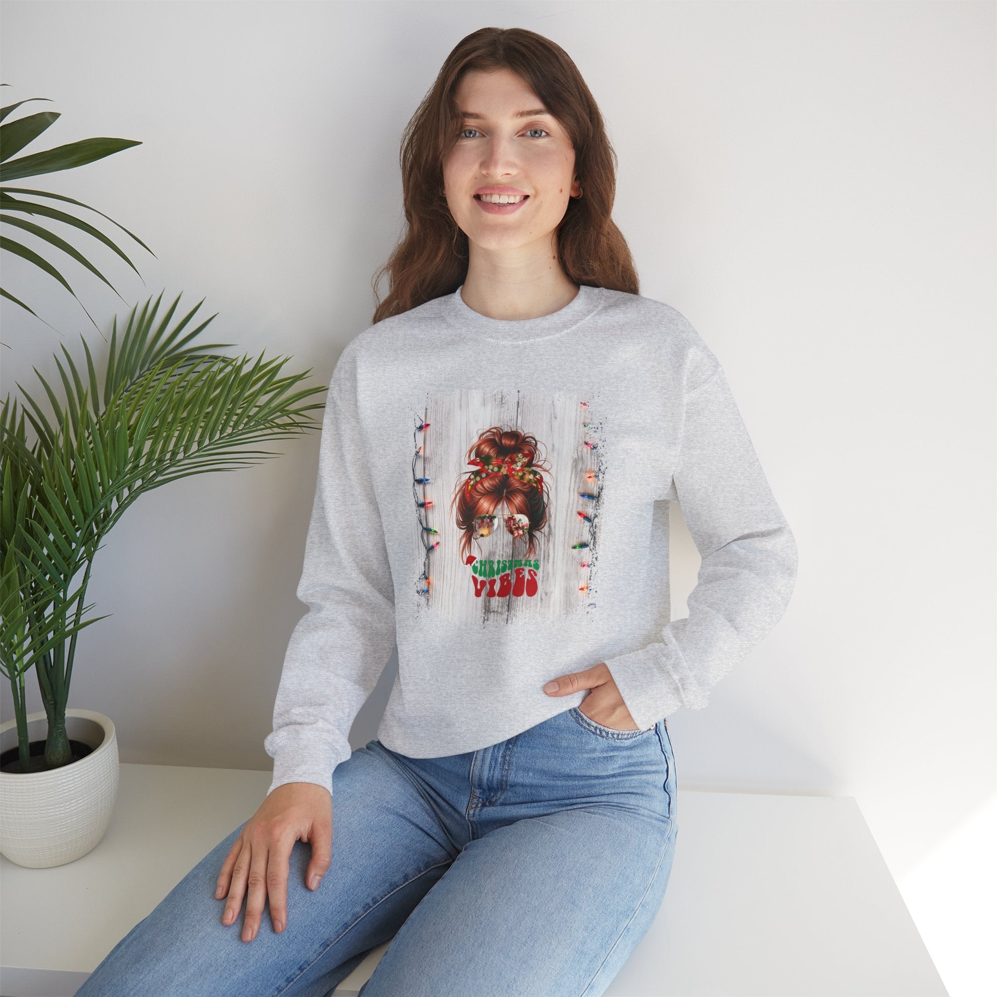 Christmas Vibes Christmas String Lights, Red Hair Messy Bun, Unisex Heavy Blend™ Crewneck Sweatshirt