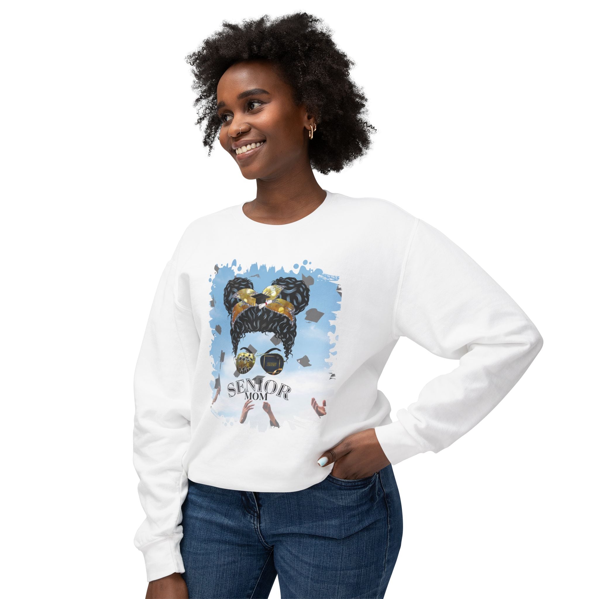 Senior Mom, Celebration, Black Hair Messy Bun, Unisex Lightweight Crewneck Sweatshirt