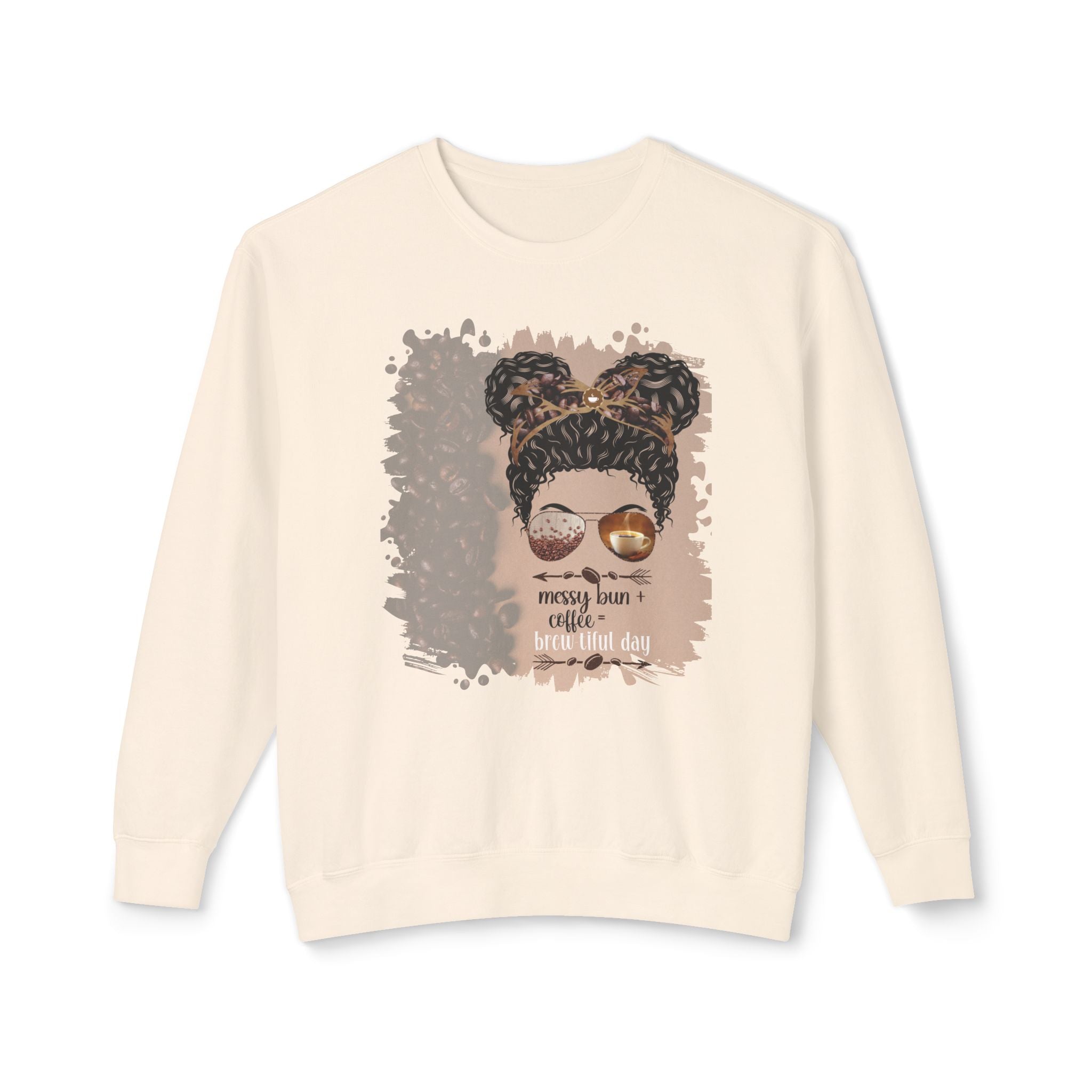 Messy Bun plus Coffee, Coffee Beans Shade, Black Hair Messy Bun, Unisex Lightweight Crewneck Sweatshirt