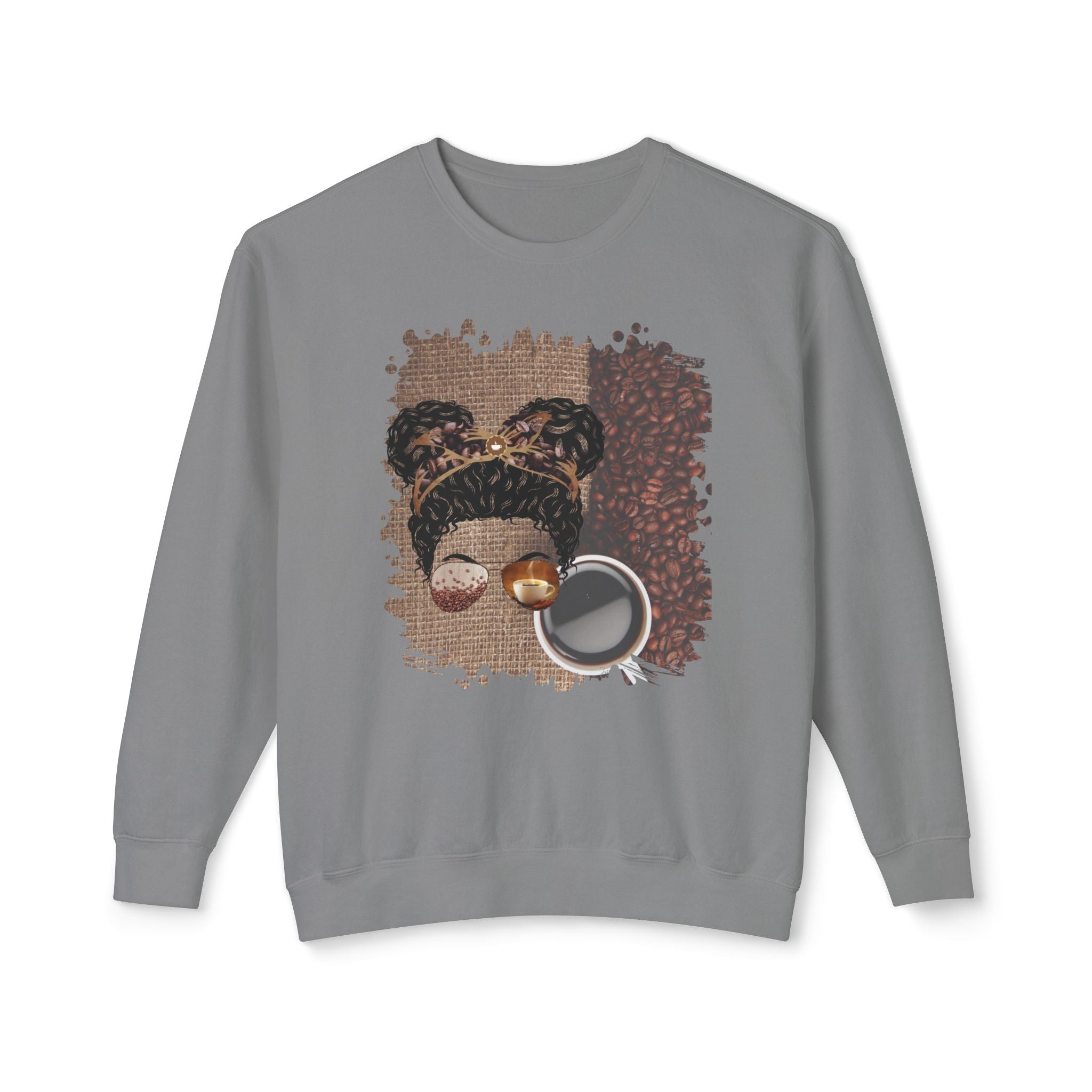 Coffee Beans Bag, Black Hair Messy Bun, Unisex Lightweight Crewneck Sweatshirt