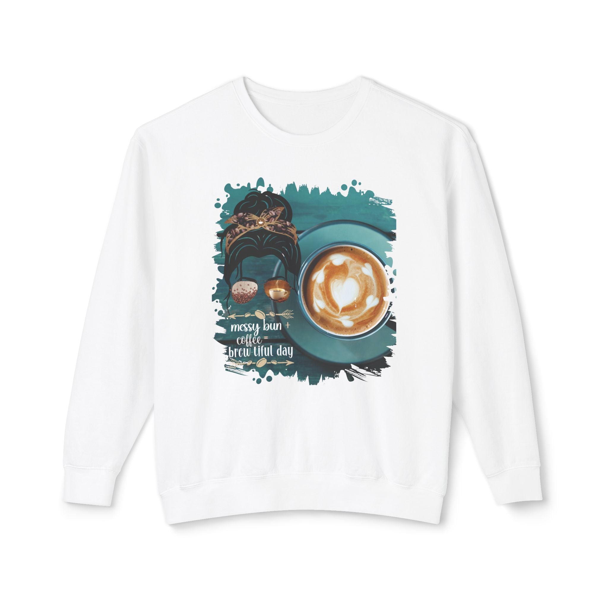 Messy Bun plus Coffee, Coffee Cup, Dark Hair Messy Bun, Unisex Lightweight Crewneck Sweatshirt