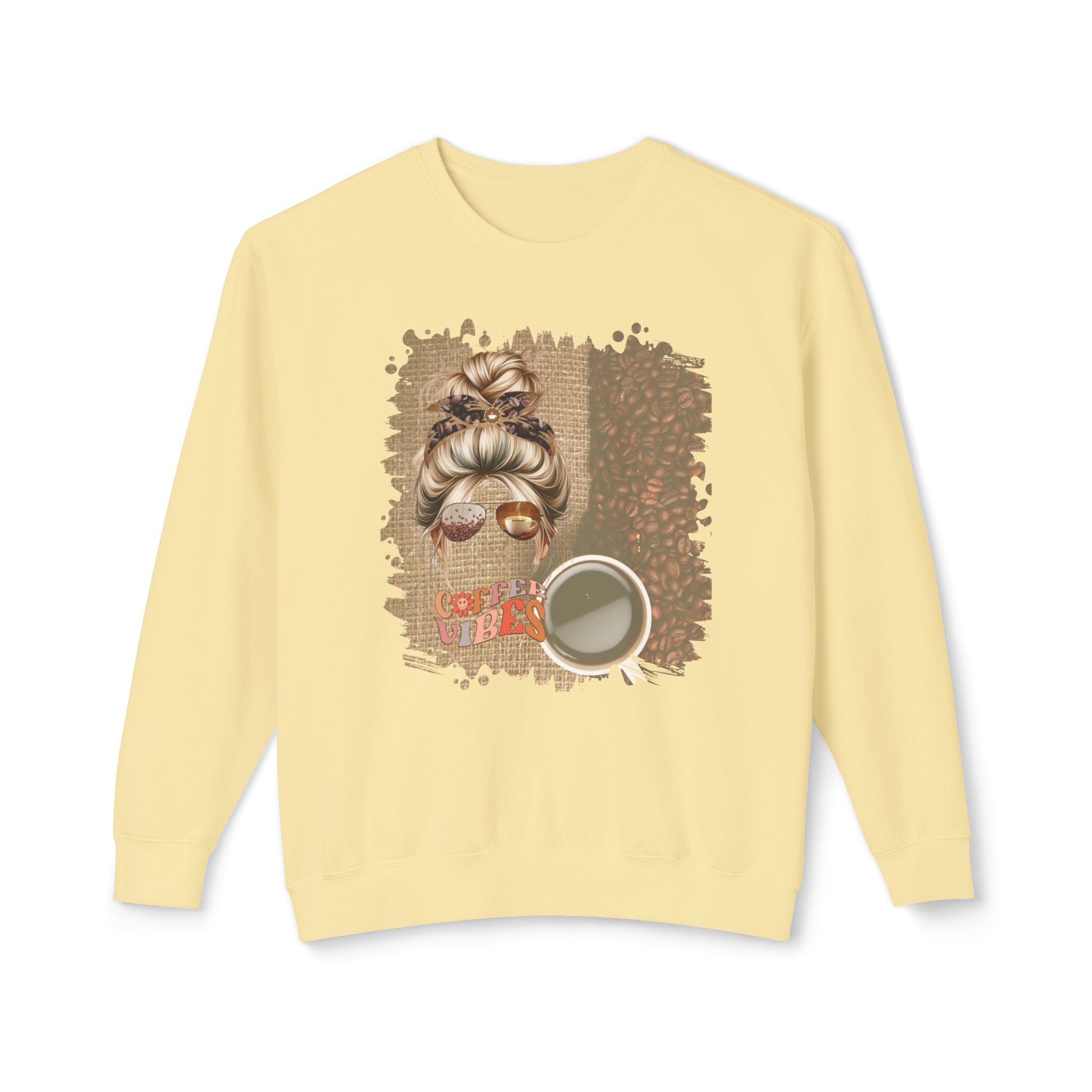 Coffee Vibes, Coffee Beans Bag, Blond Hair Messy Bun, Unisex Lightweight Crewneck Sweatshirt