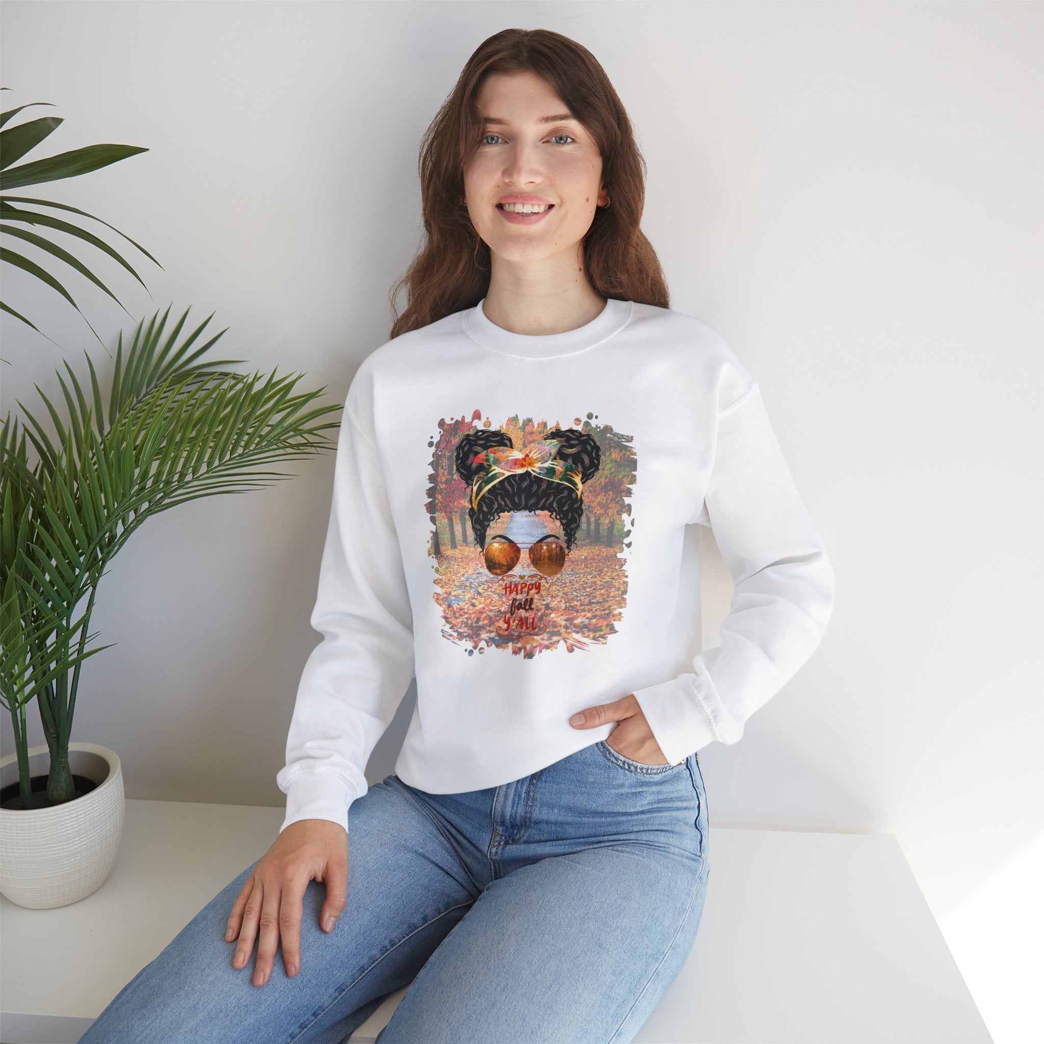 Happy Fall Y'all Fall Trail, Black Hair Messy Bun, Unisex Heavy Blend™ Crewneck Sweatshirt