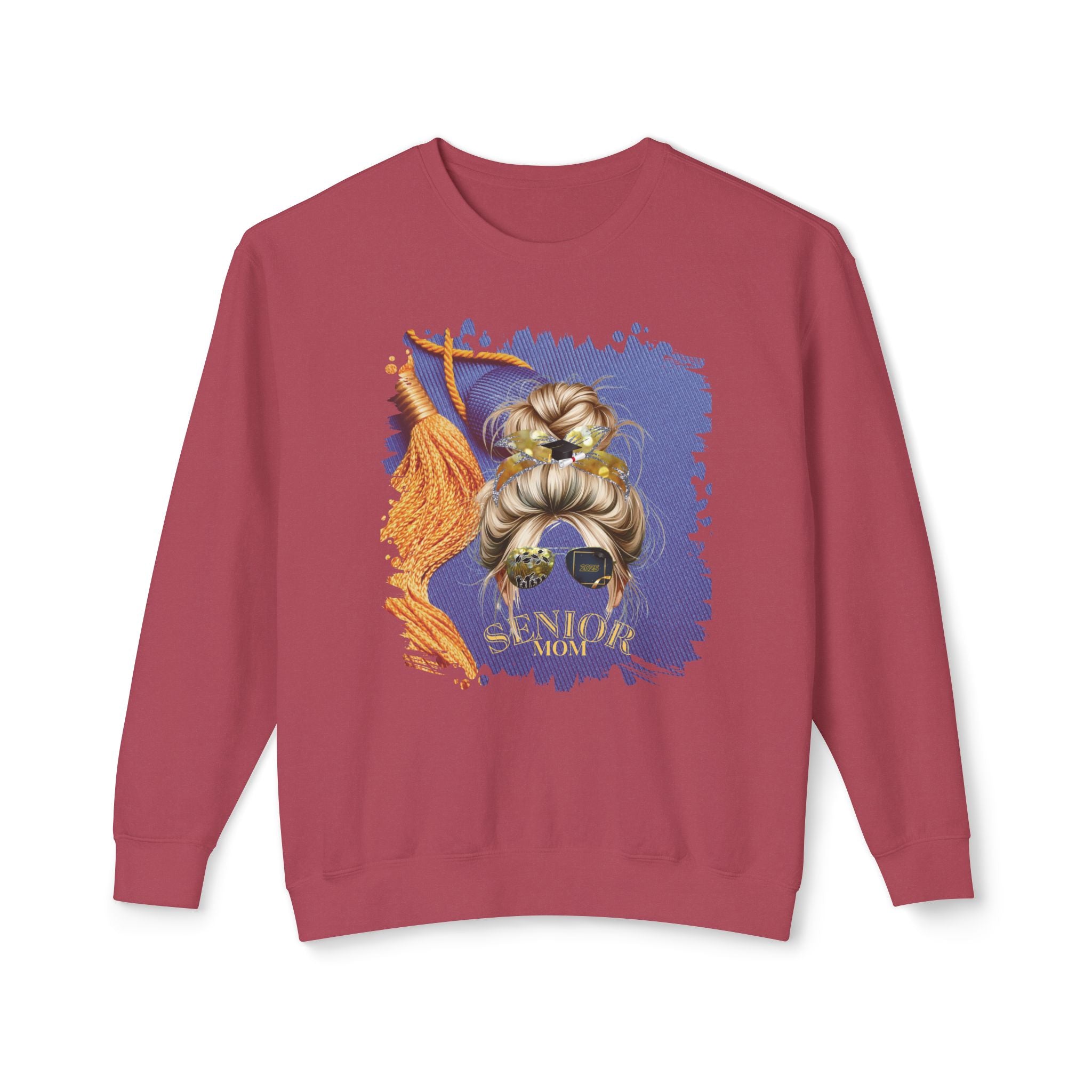 Senior Mom, Graduation Cap, Blond Hair Messy Bun, Unisex Lightweight Crewneck Sweatshirt