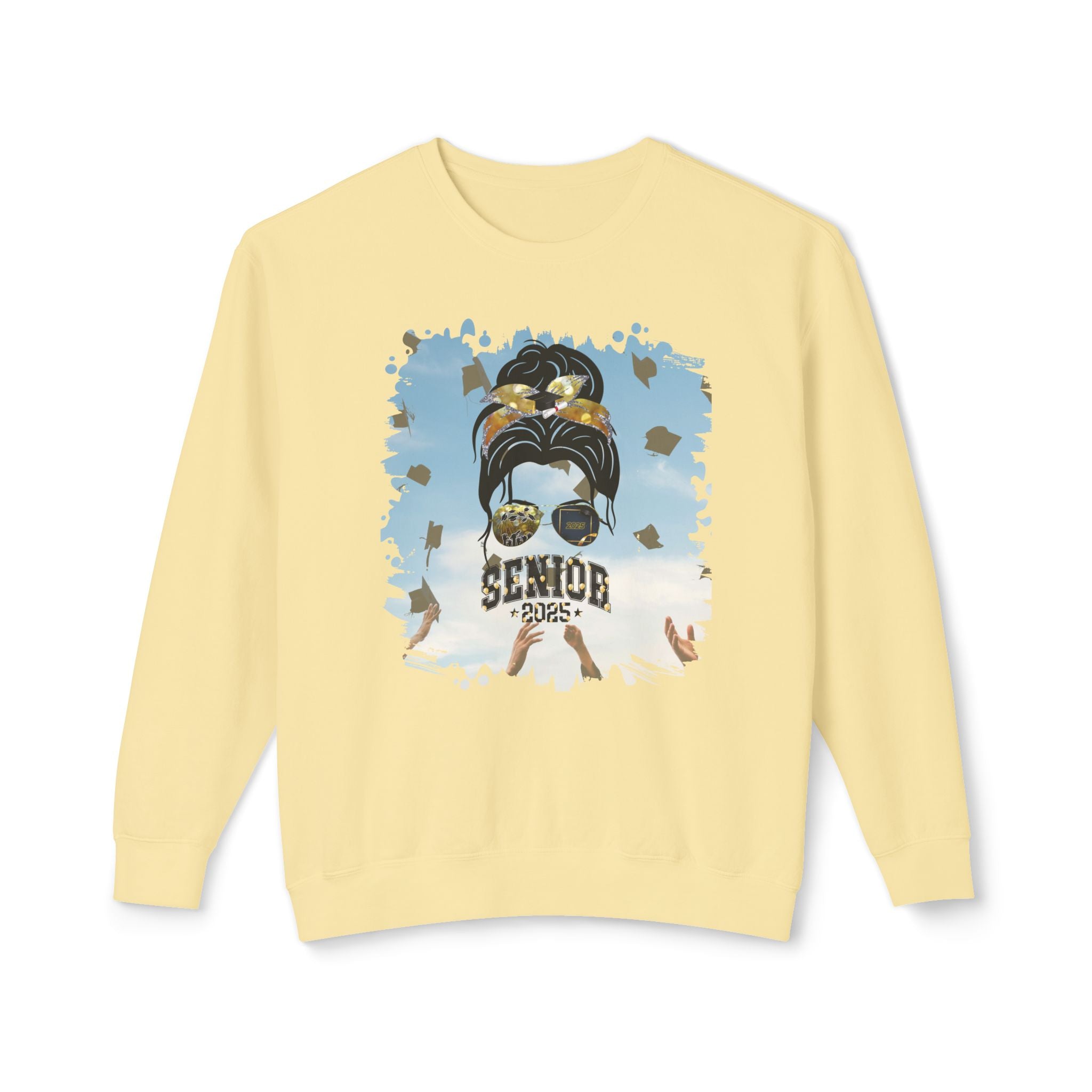 Senior 2025 Balloons, Celebration, Dark Hair Messy Bun, Unisex Lightweight Crewneck Sweatshirt