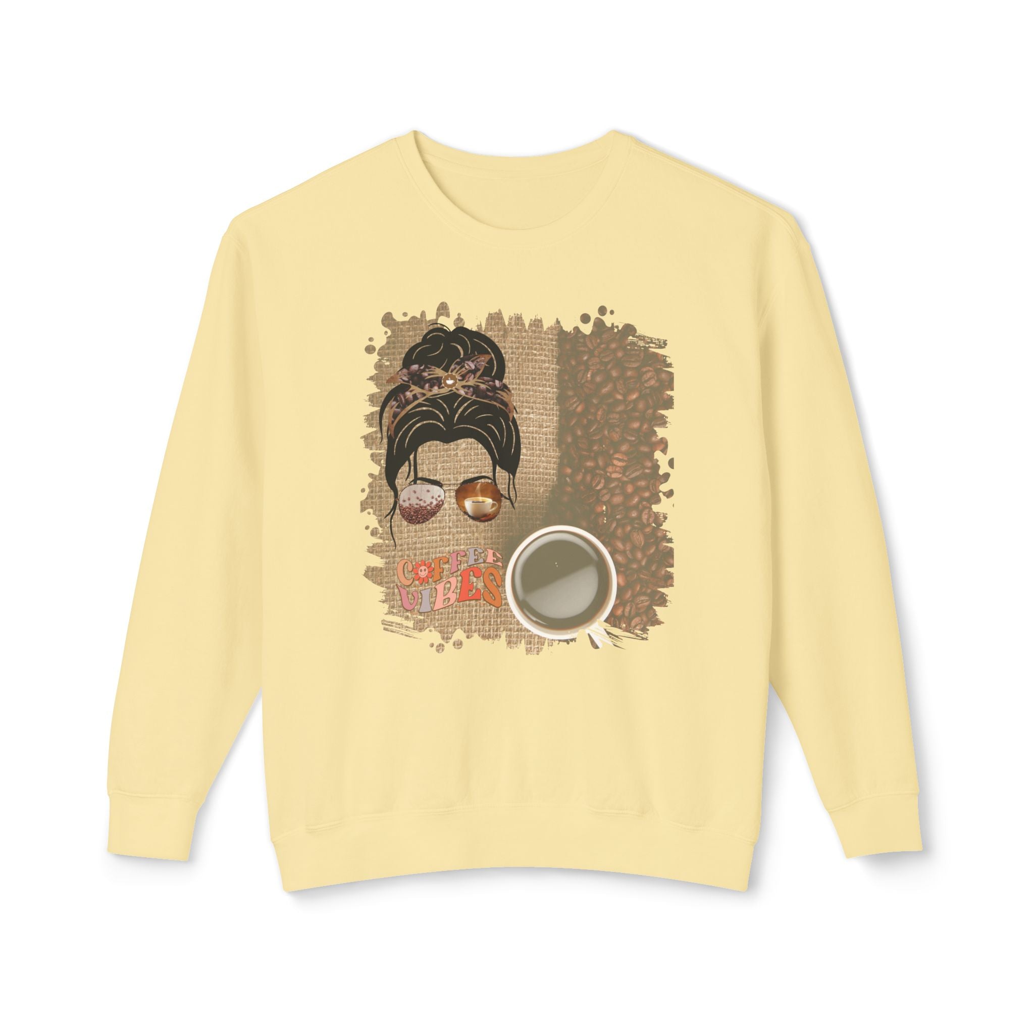 Coffee Vibes, Coffee Beans Bag, Dark Hair Messy Bun, Unisex Lightweight Crewneck Sweatshirt