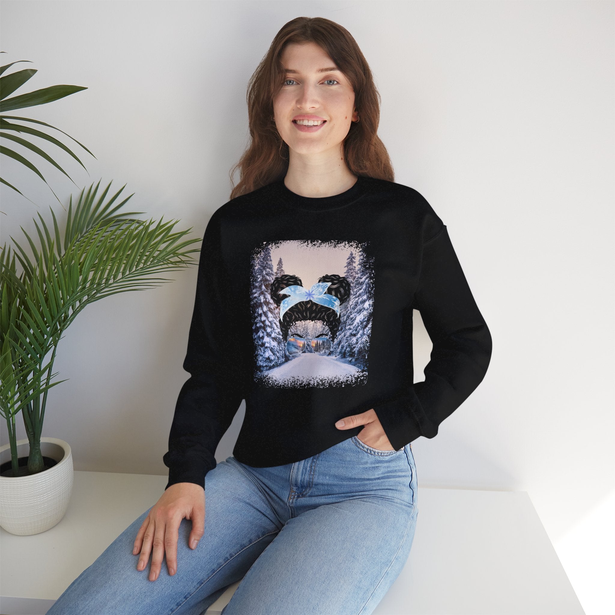 Winter Trail, Black Hair Messy Bun, Unisex Heavy Blend™ Crewneck Sweatshirt