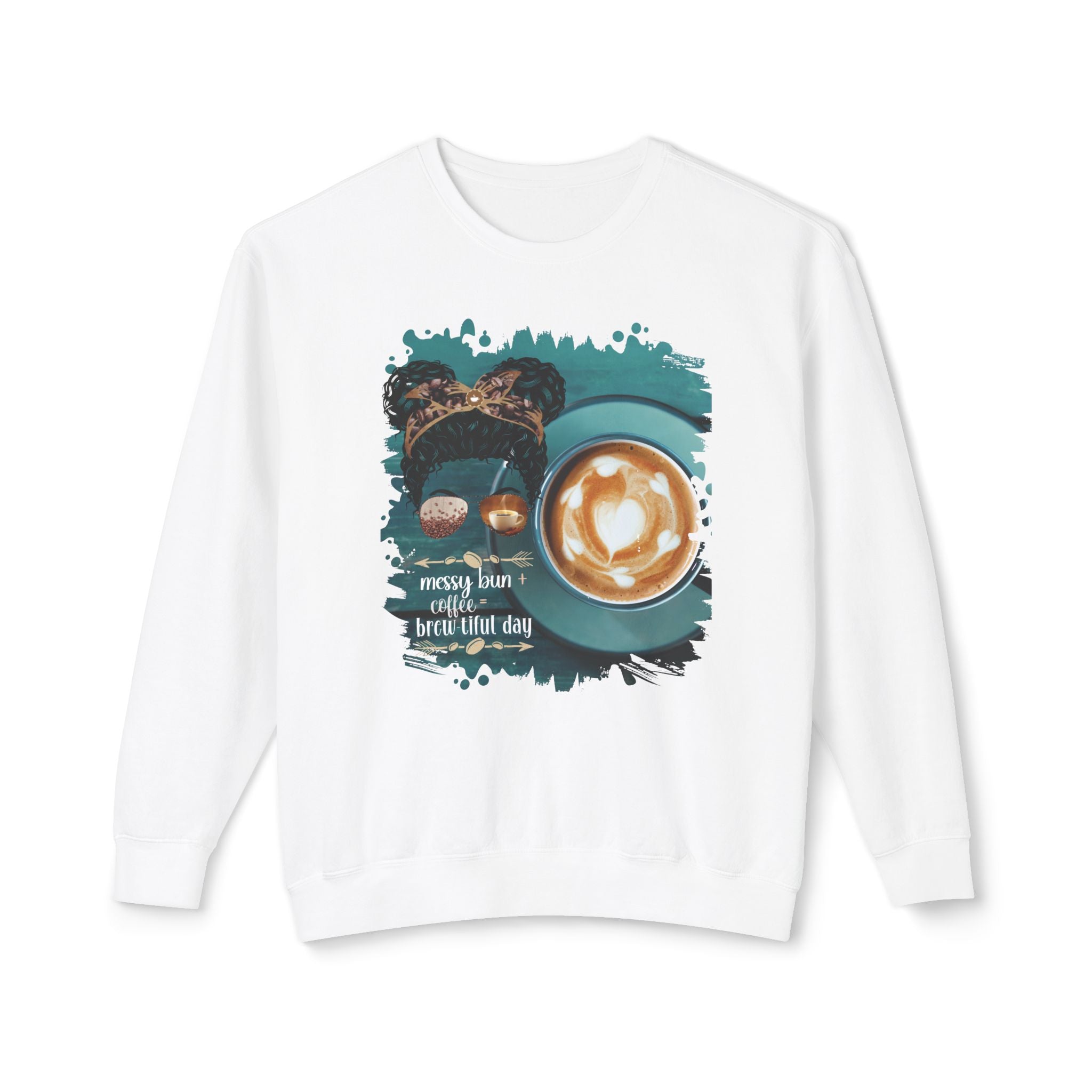 Messy Bun plus Coffee, Coffee Cup, Black Hair Messy Bun, Unisex Lightweight Crewneck Sweatshirt