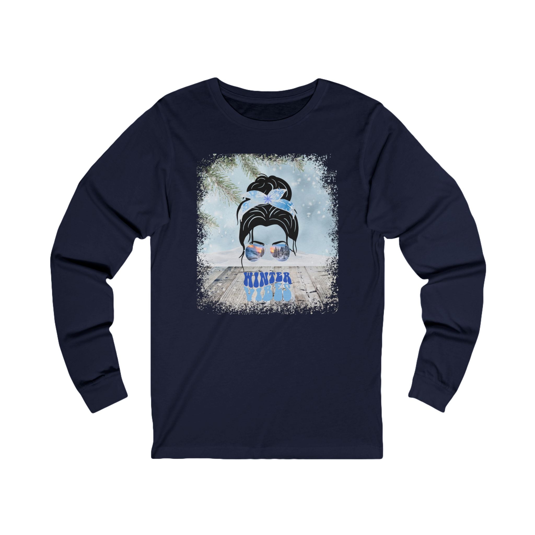 Winter Vibes Winter Snowy Porch, Dark Hair Messy Bun, Unisex Jersey Long Sleeve Tee