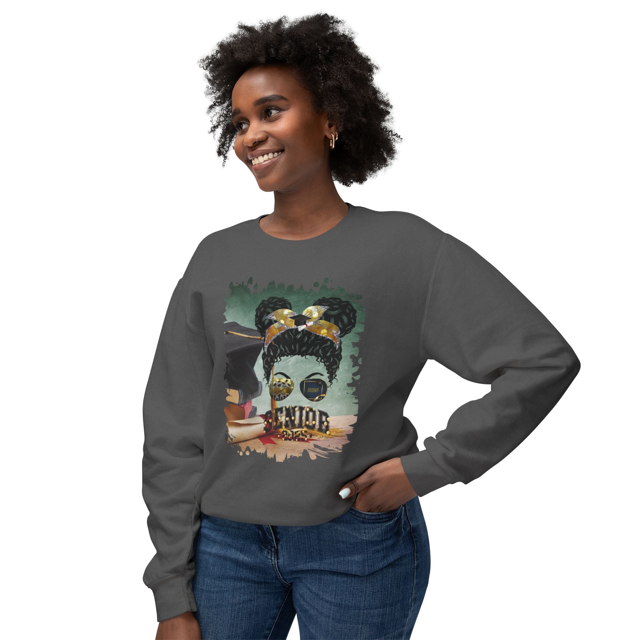 Senior 2025 Balloons, Cap & Degree/Diploma, Black Hair Messy Bun, Unisex Lightweight Crewneck Sweatshirt