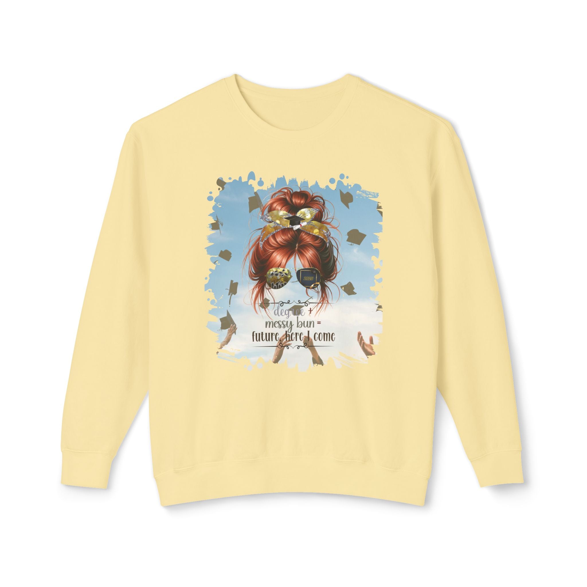 Degree + Messy Bun, Celebration, Red Hair Messy Bun, Unisex Lightweight Crewneck Sweatshirt