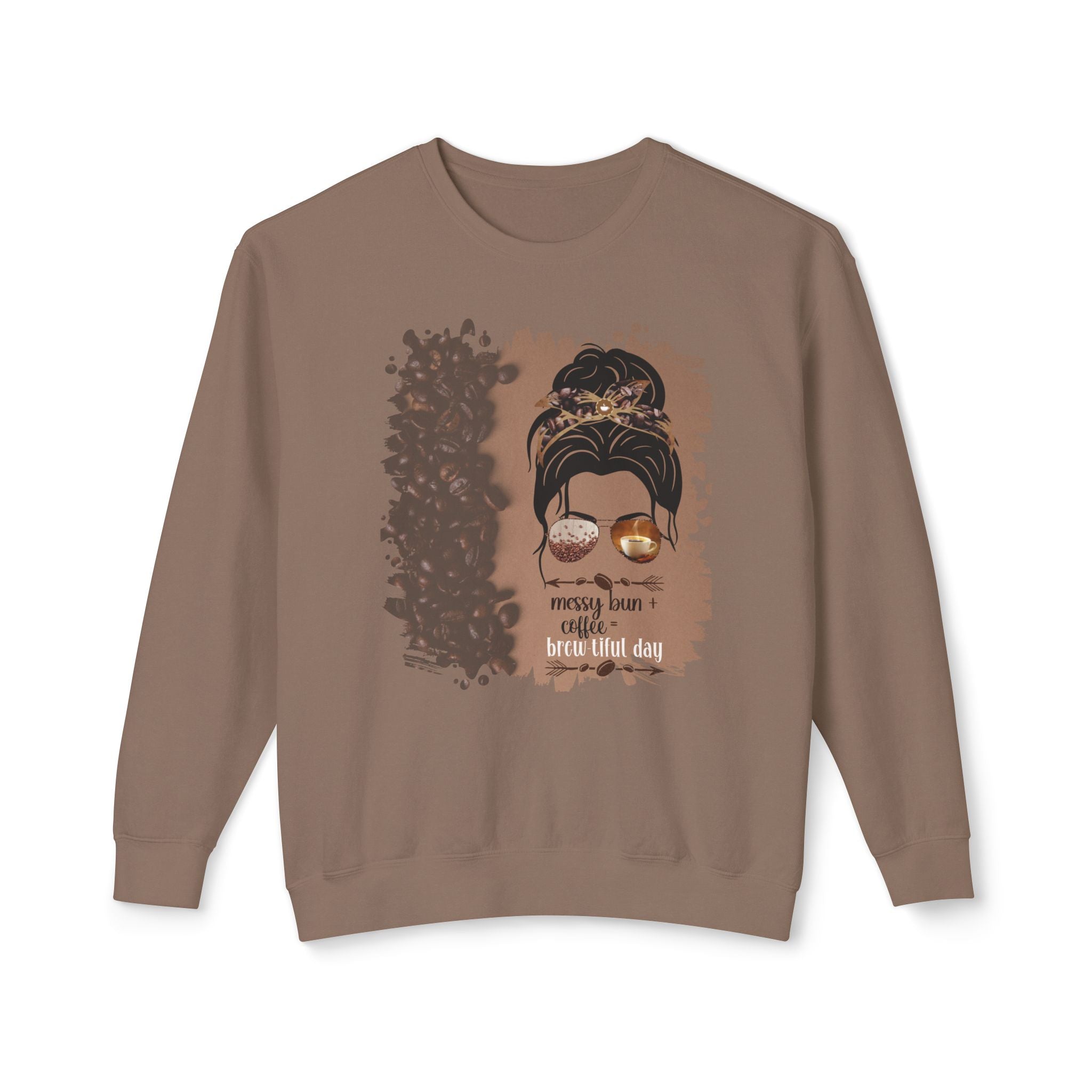 Messy Bun plus Coffee, Coffee Beans Shade, Dark Hair Messy Bun, Unisex Lightweight Crewneck Sweatshirt