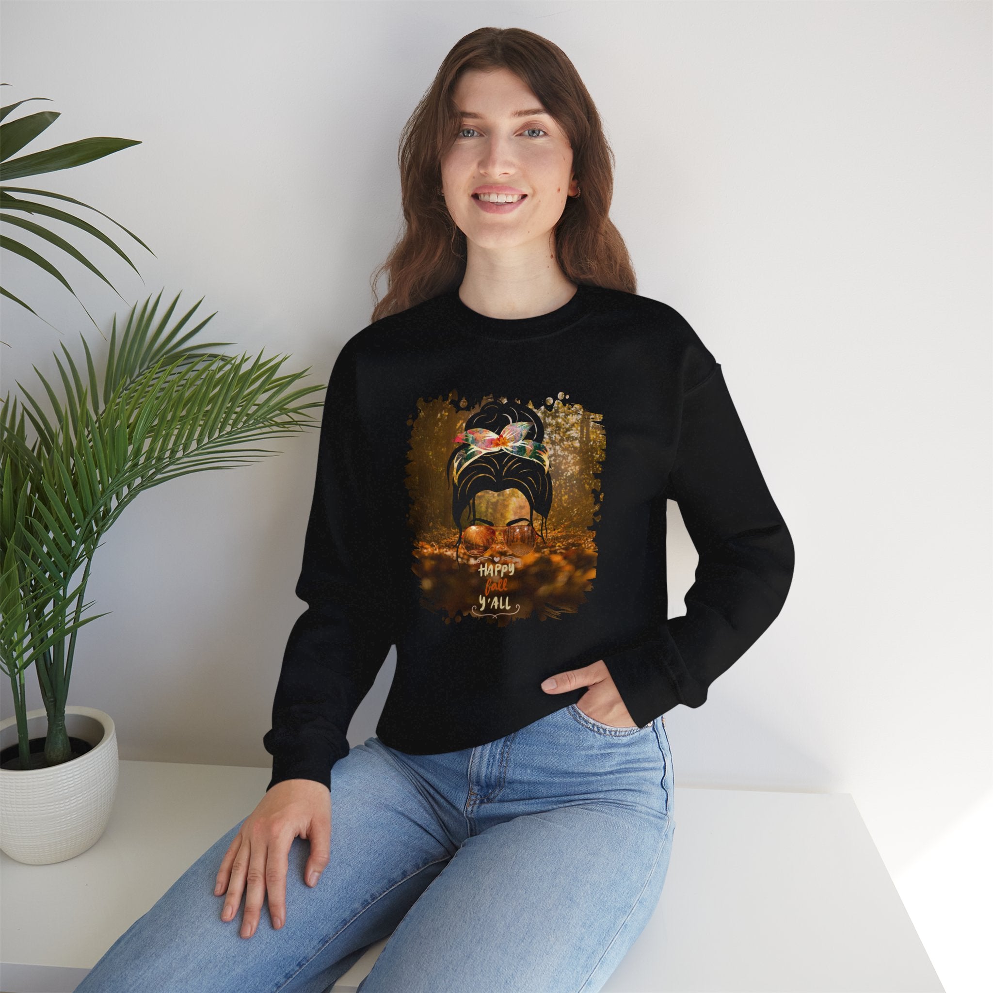 Happy Fall Y'all Fall Forest, Dark Hair Messy Bun, Unisex Heavy Blend™ Crewneck Sweatshirt