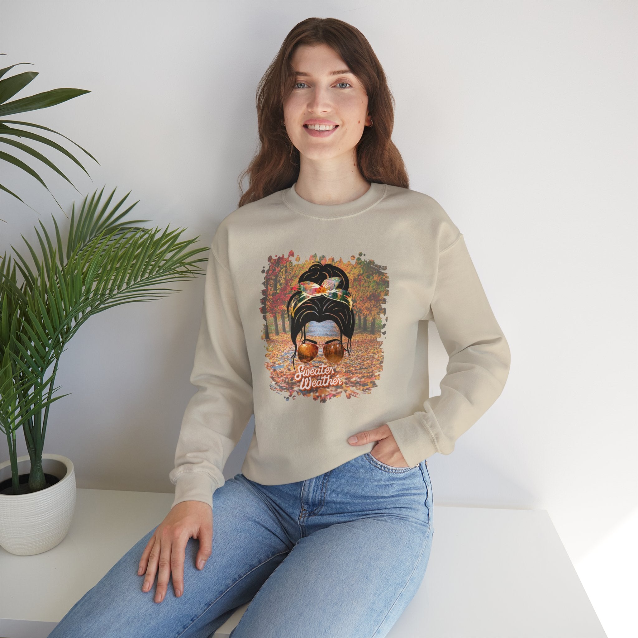 Sweater Weather Fall Trail, Dark Hair Messy Bun, Unisex Heavy Blend™ Crewneck Sweatshirt