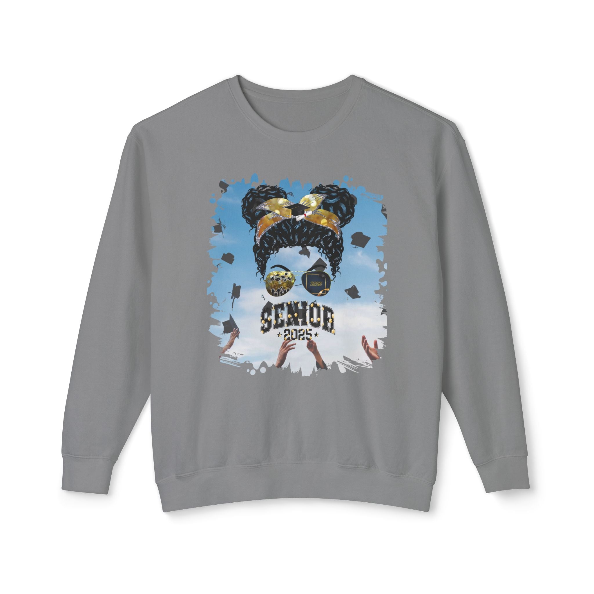 Senior 2025 Balloons, Celebration, Black Hair Messy Bun, Unisex Lightweight Crewneck Sweatshirt