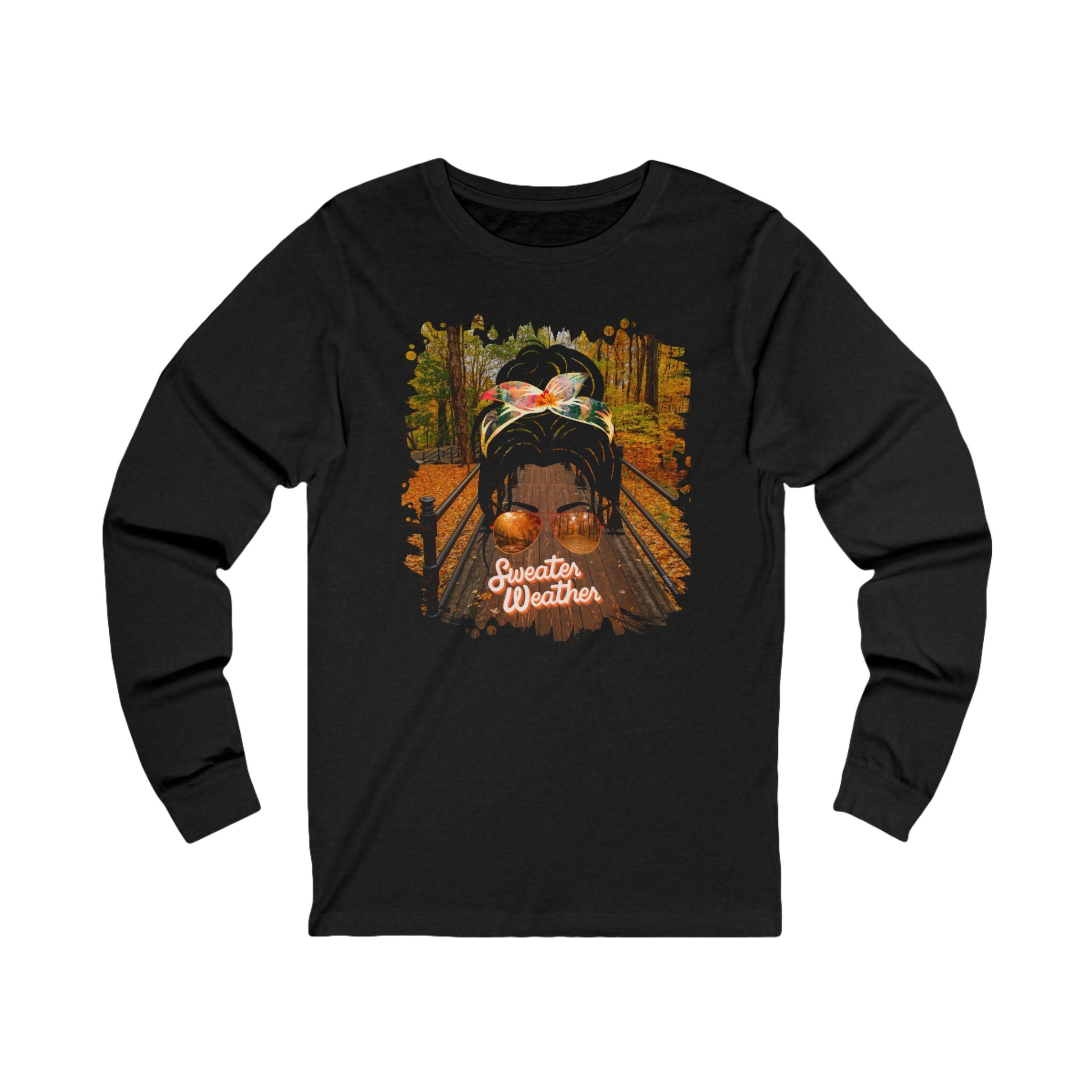 Sweater Weather Fall Hike, Dark Hair Messy Bun, Unisex Jersey Long Sleeve Tee