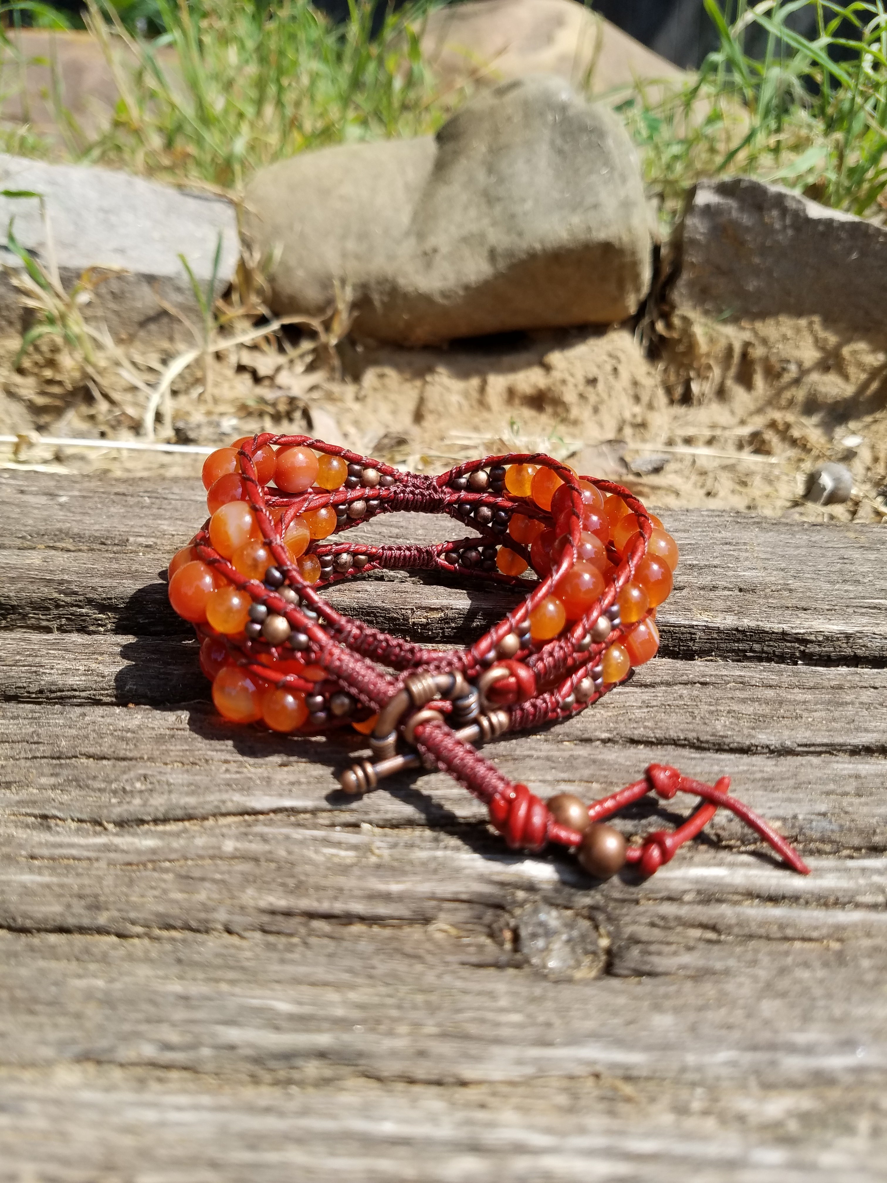 Bracelet Handmade, 4-Wrap Leather Bracelet, Carnelian Beads (G28)