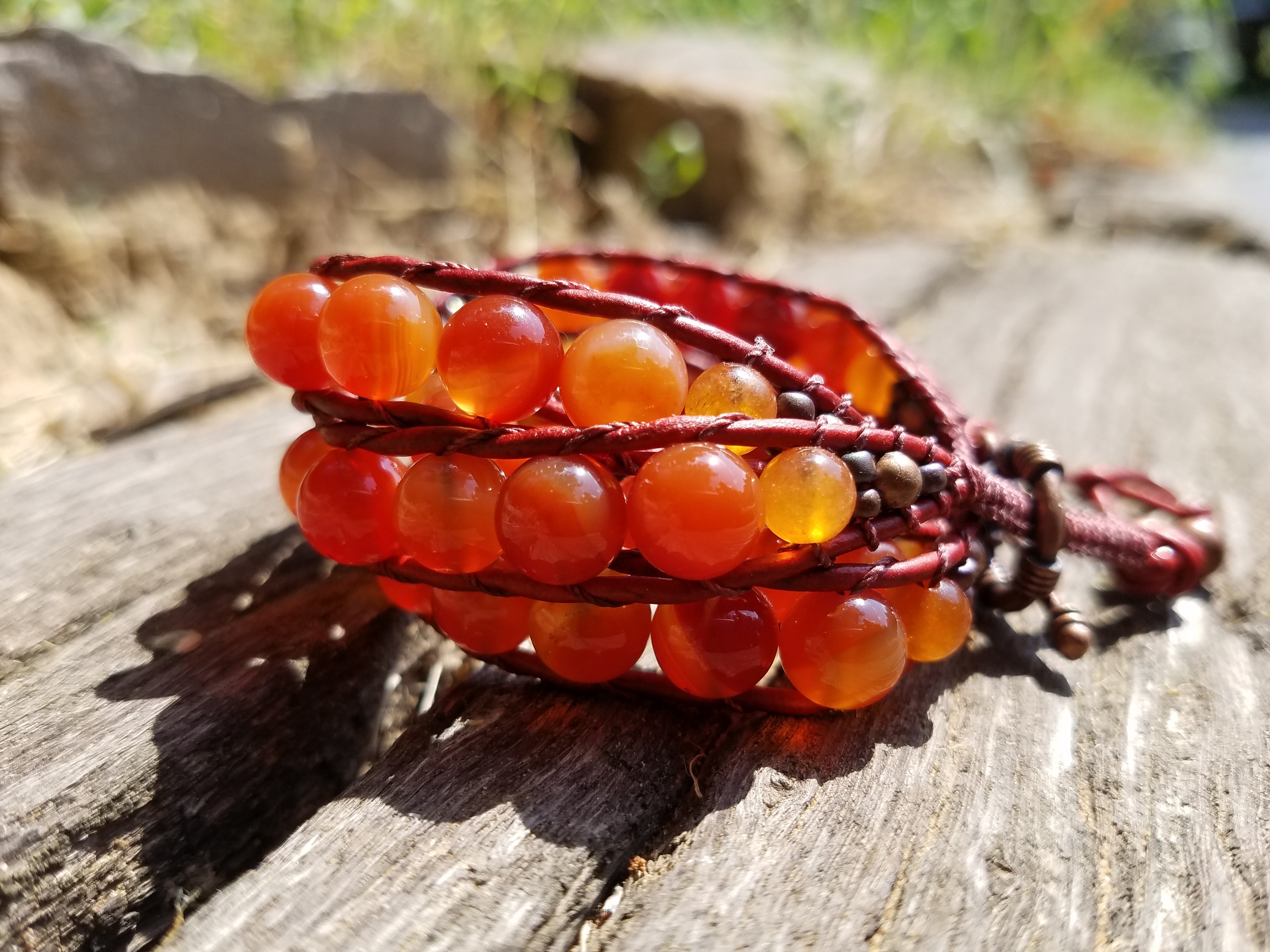 Bracelet Handmade, 4-Wrap Leather Bracelet, Carnelian Beads (G28)