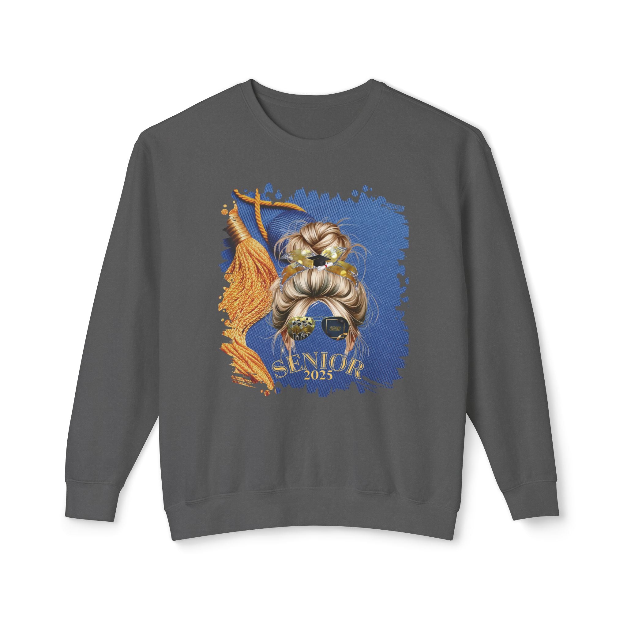 Senior 2025, Graduation Cap, Blond Hair Messy Bun, Unisex Lightweight Crewneck Sweatshirt