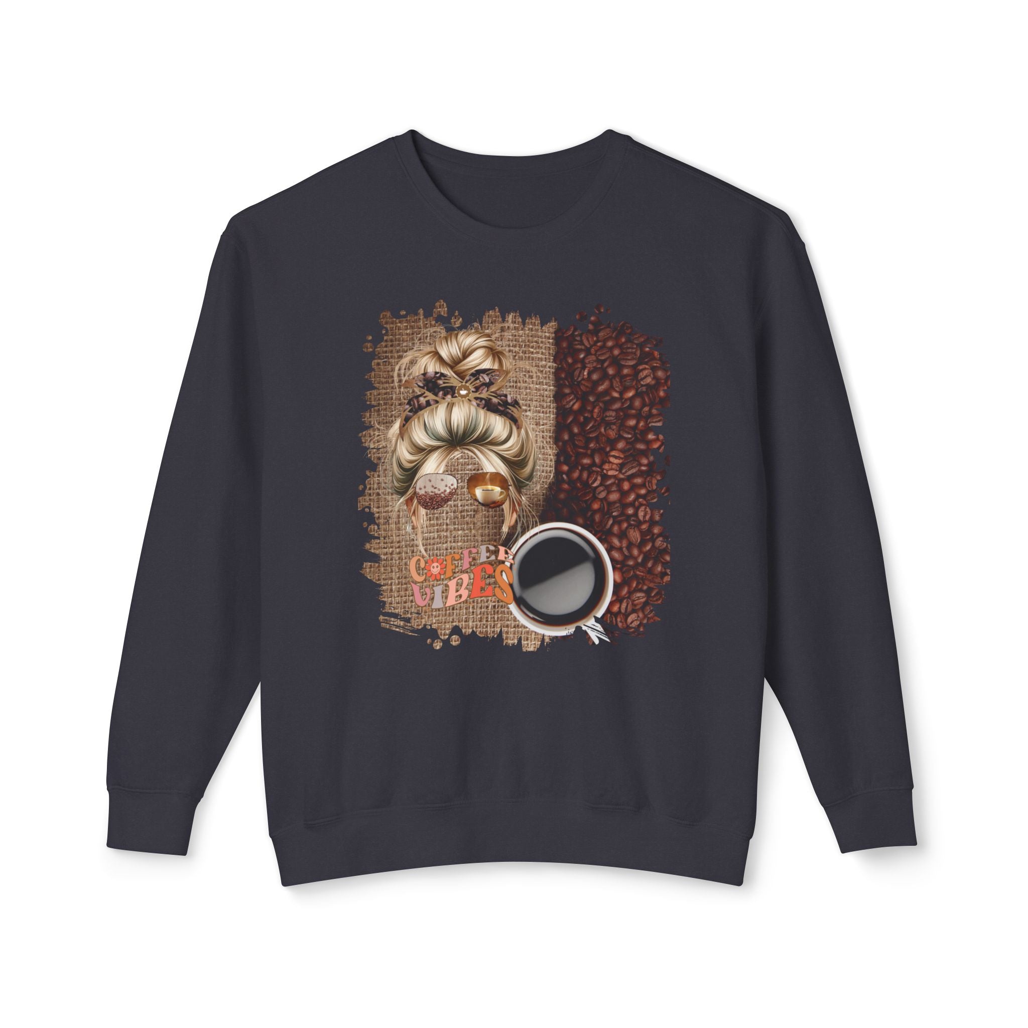 Coffee Vibes, Coffee Beans Bag, Blond Hair Messy Bun, Unisex Lightweight Crewneck Sweatshirt
