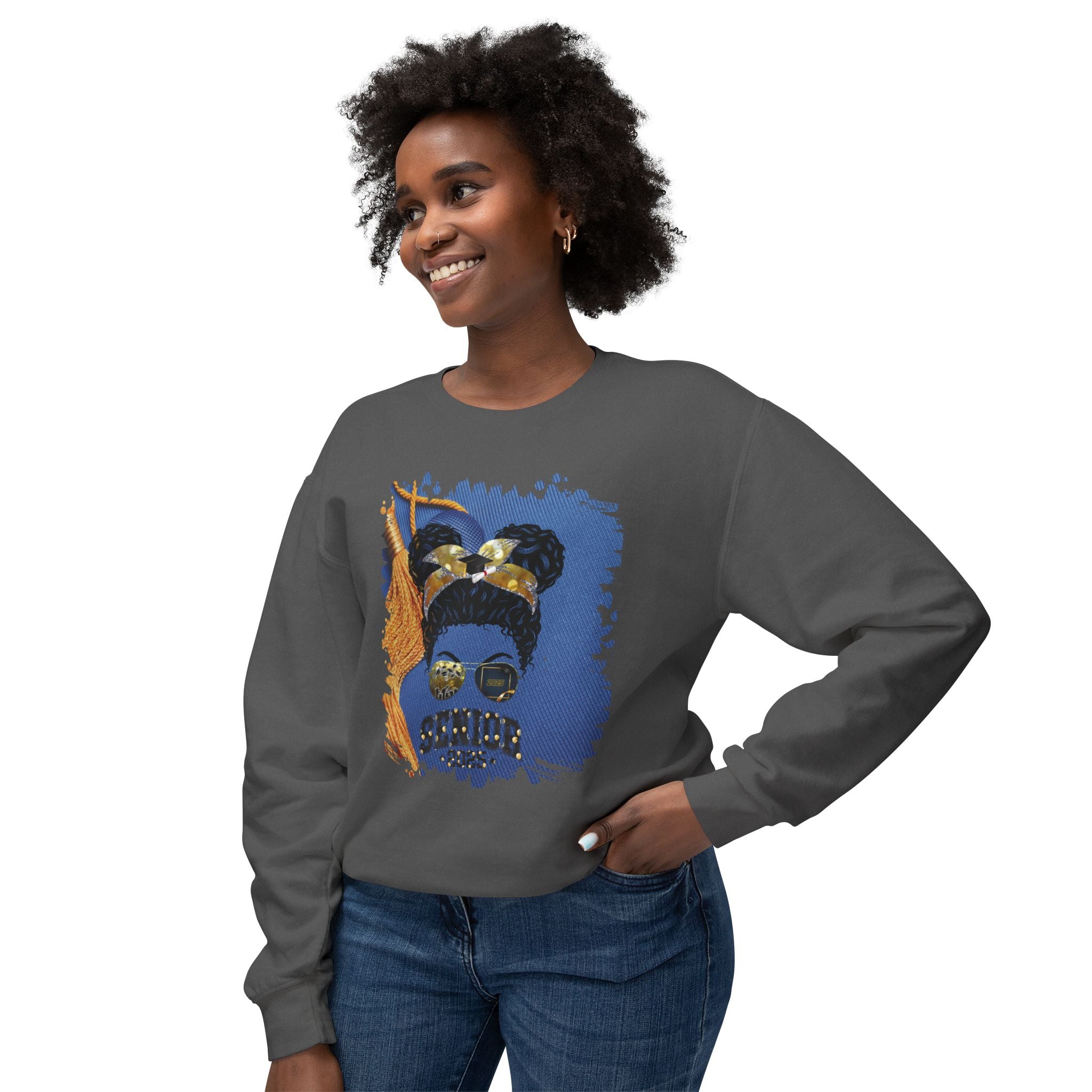 Senior 2025 Balloons, Graduation Cap, Black Hair Messy Bun, Unisex Lightweight Crewneck Sweatshirt