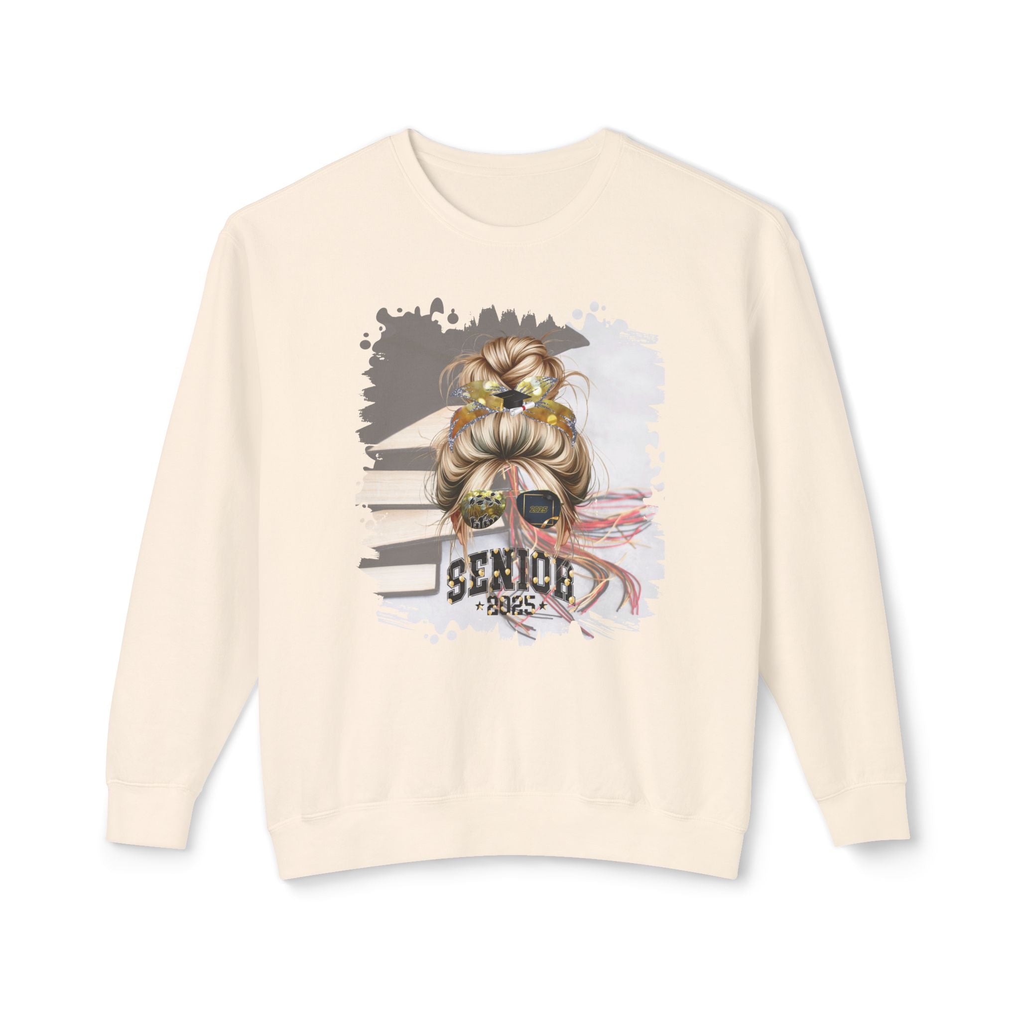 Senior 2025 Balloons, Cap & Books, Blond Hair Messy Bun, Unisex Lightweight Crewneck Sweatshirt