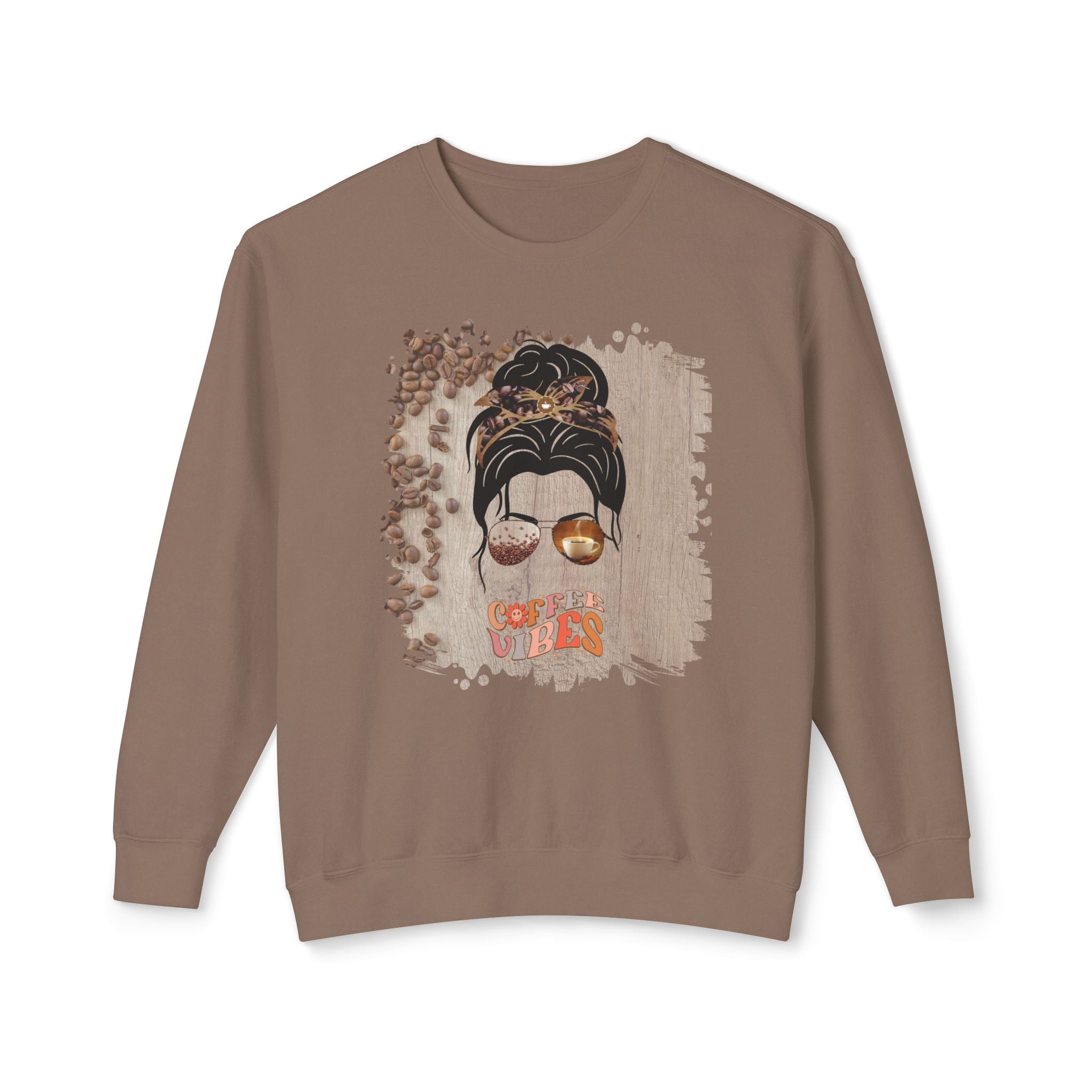 Coffee Vibes, Coffee Beans Table, Dark Hair Messy Bun, Unisex Lightweight Crewneck Sweatshirt