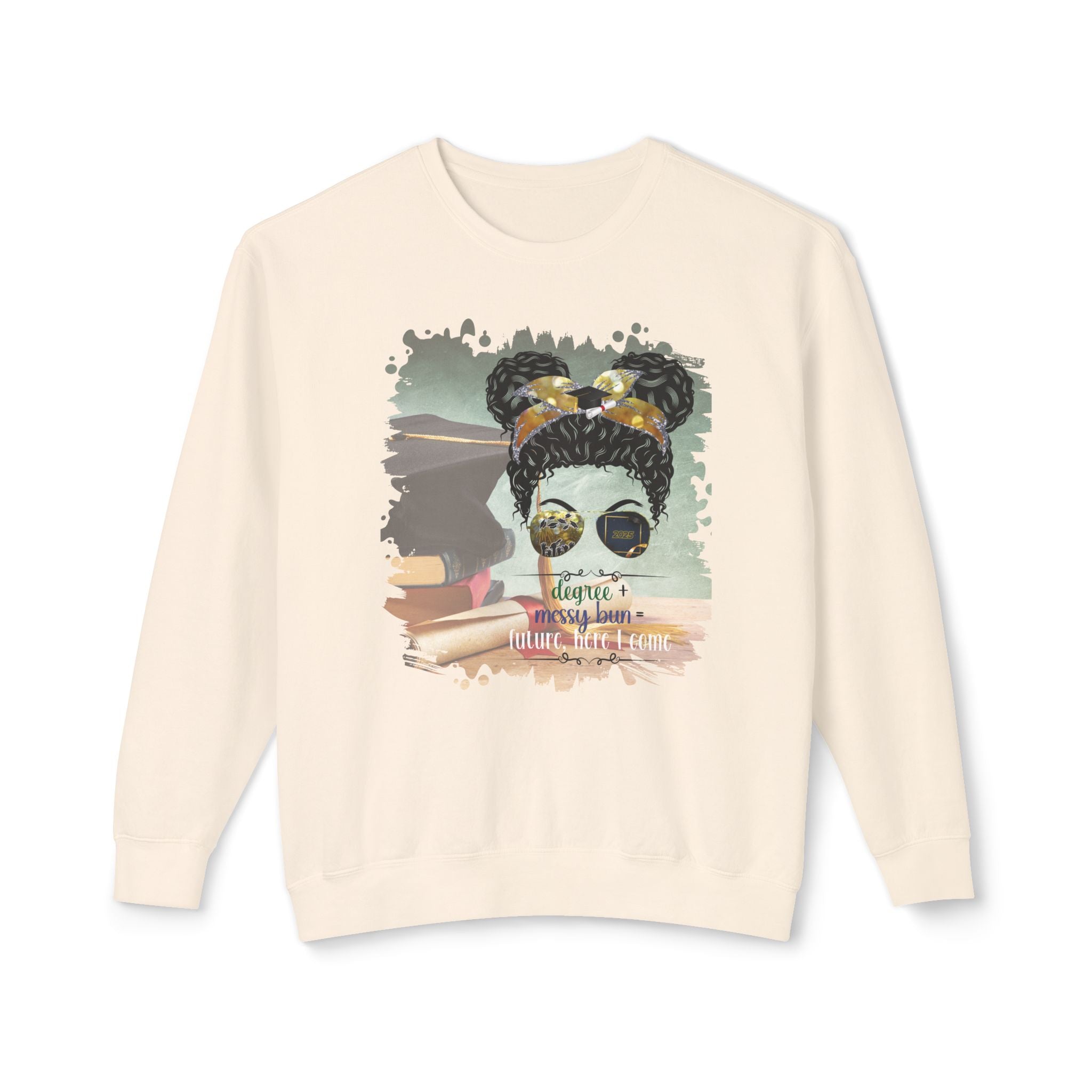 Degree + Messy Bun, Cap & Degree/Diploma, Black Hair Messy Bun, Unisex Lightweight Crewneck Sweatshirt