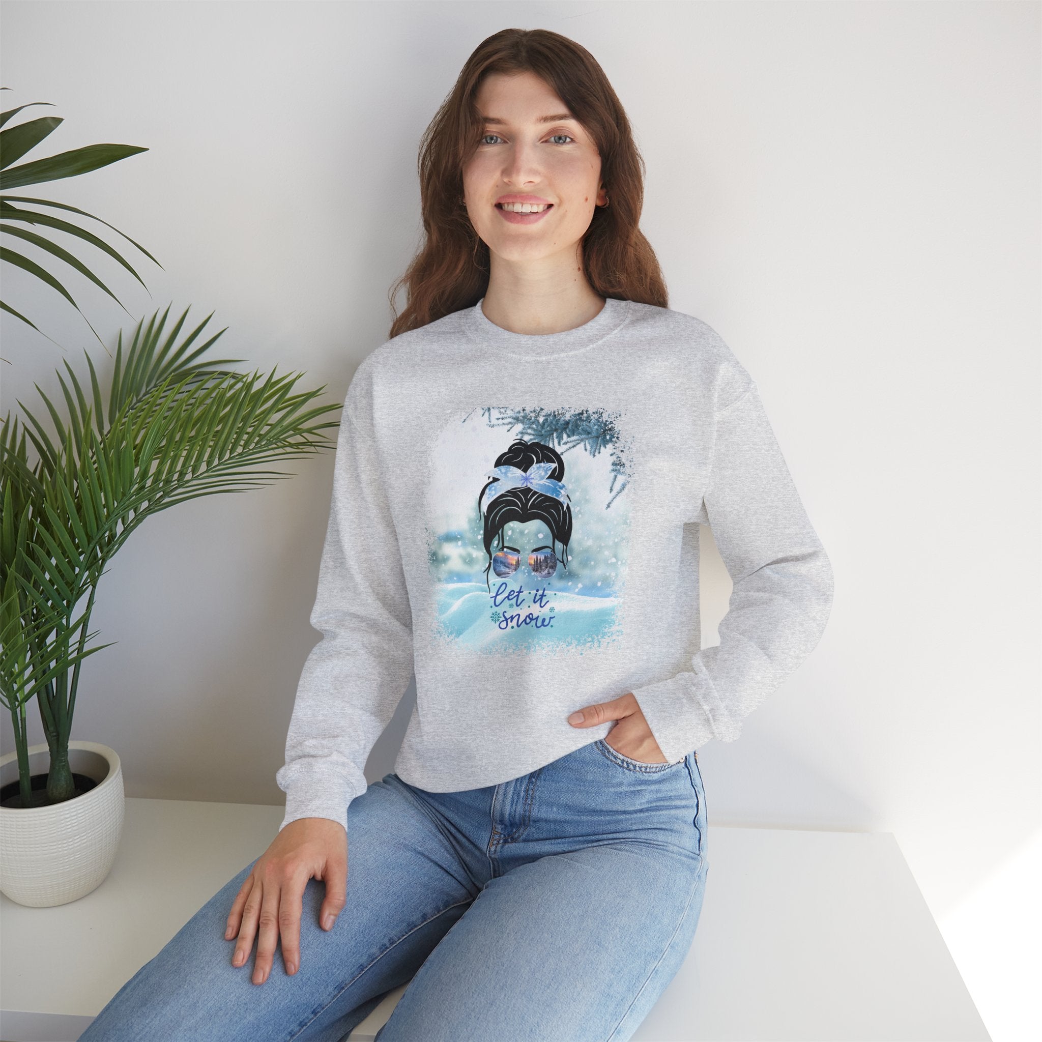 Let it Snow, Snow, Dark Hair Messy Bun, Unisex Heavy Blend™ Crewneck Sweatshirt