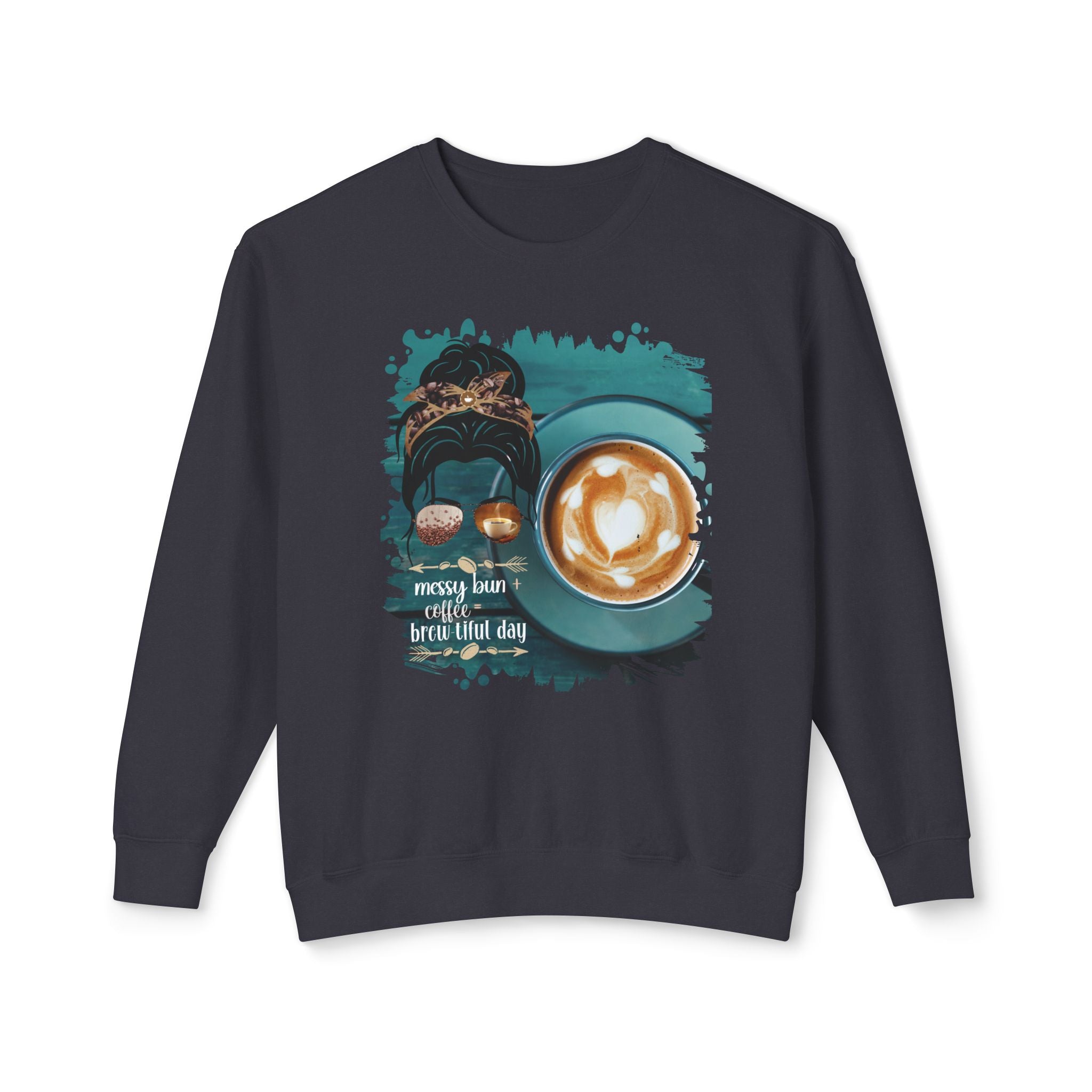 Messy Bun plus Coffee, Coffee Cup, Dark Hair Messy Bun, Unisex Lightweight Crewneck Sweatshirt