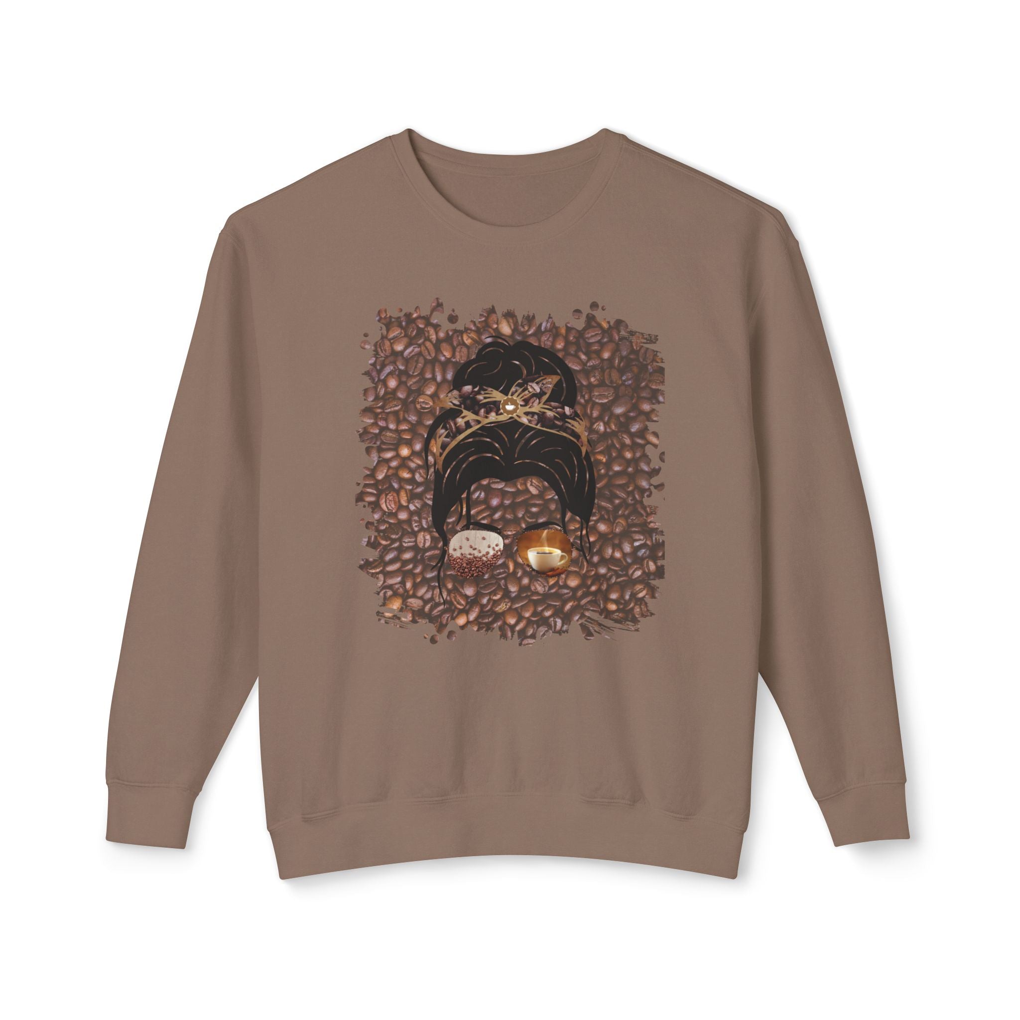 Coffee Beans, Dark Hair Messy Bun, Unisex Lightweight Crewneck Sweatshirt