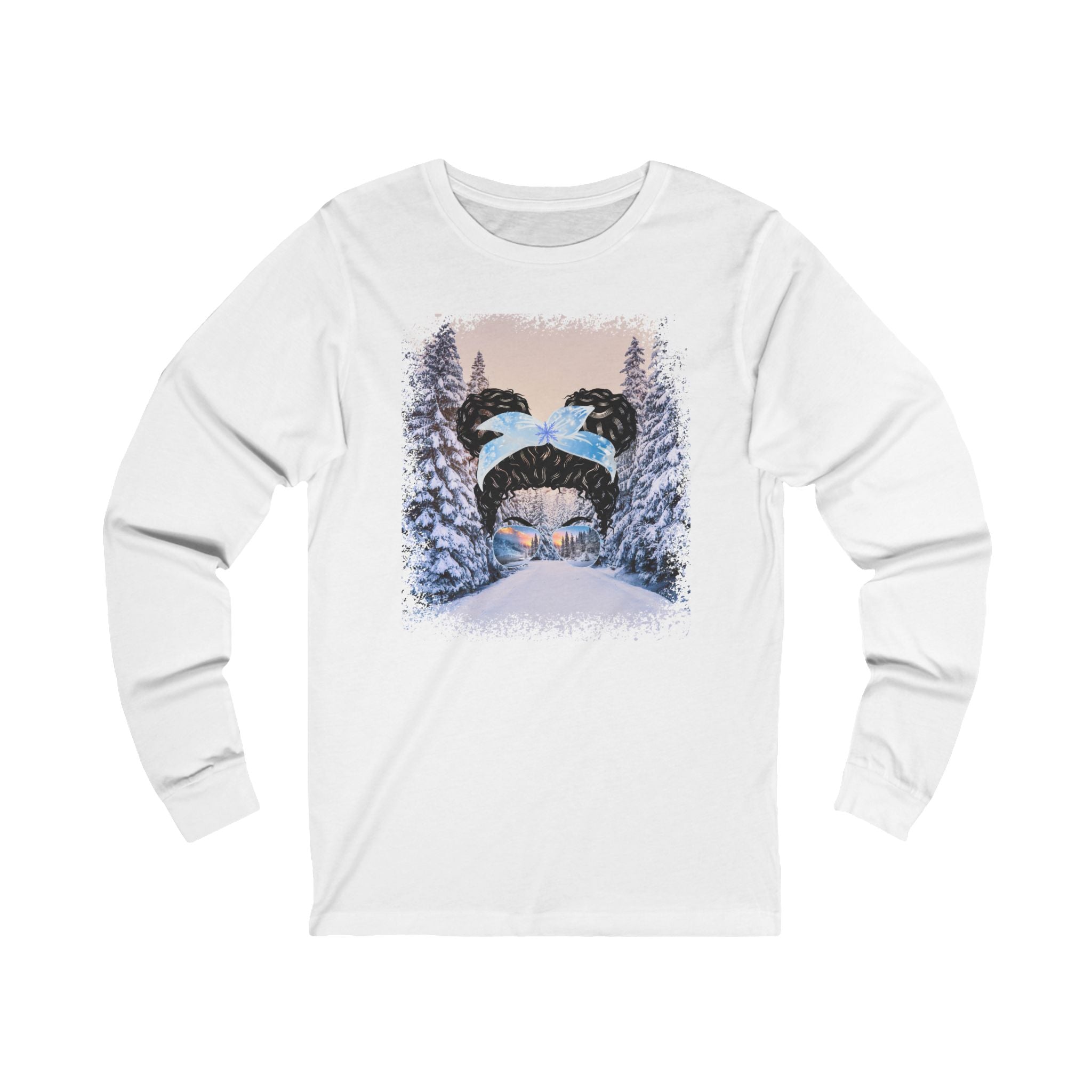 Winter Trail, Black Hair Messy Bun, Unisex Jersey Long Sleeve Tee