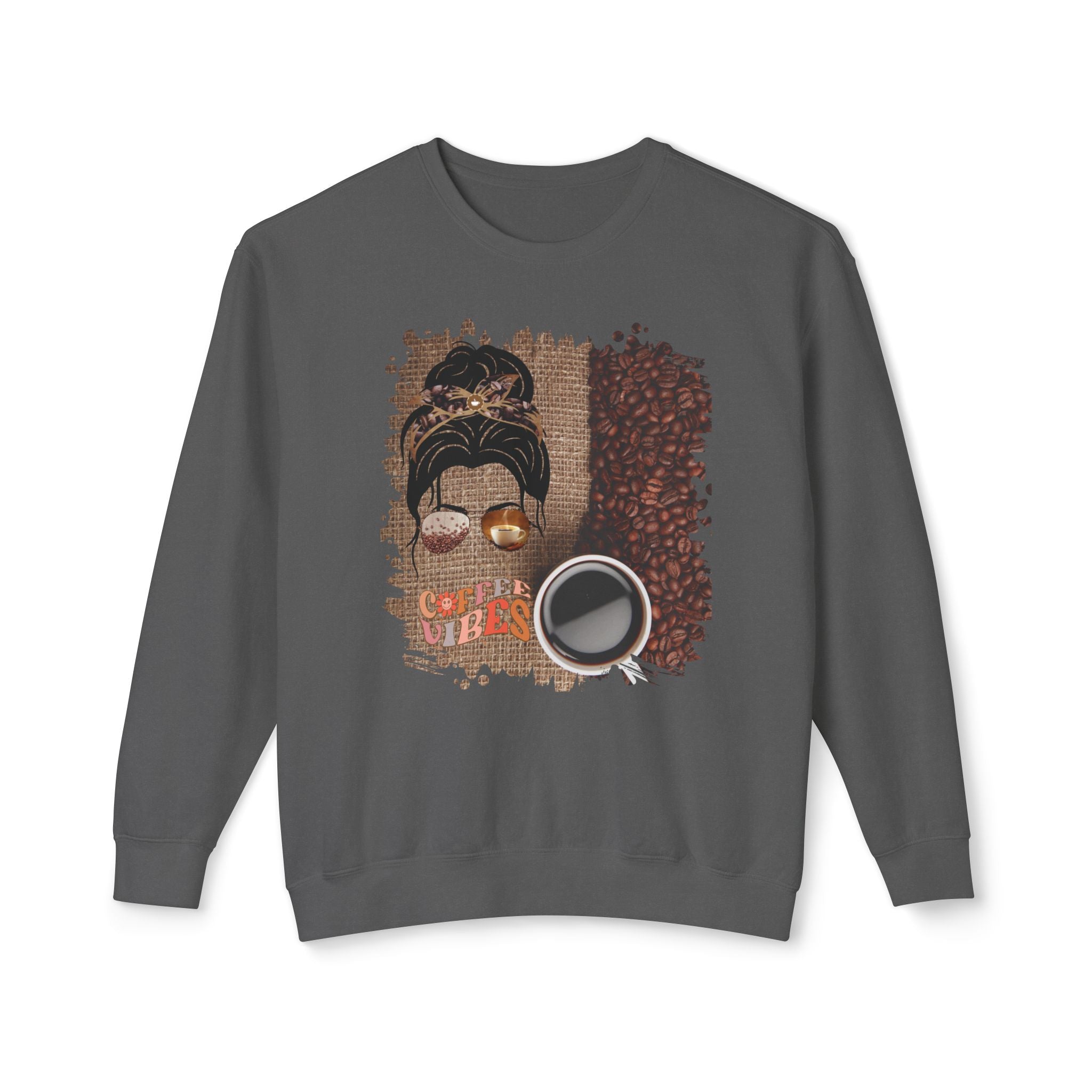 Coffee Vibes, Coffee Beans Bag, Dark Hair Messy Bun, Unisex Lightweight Crewneck Sweatshirt